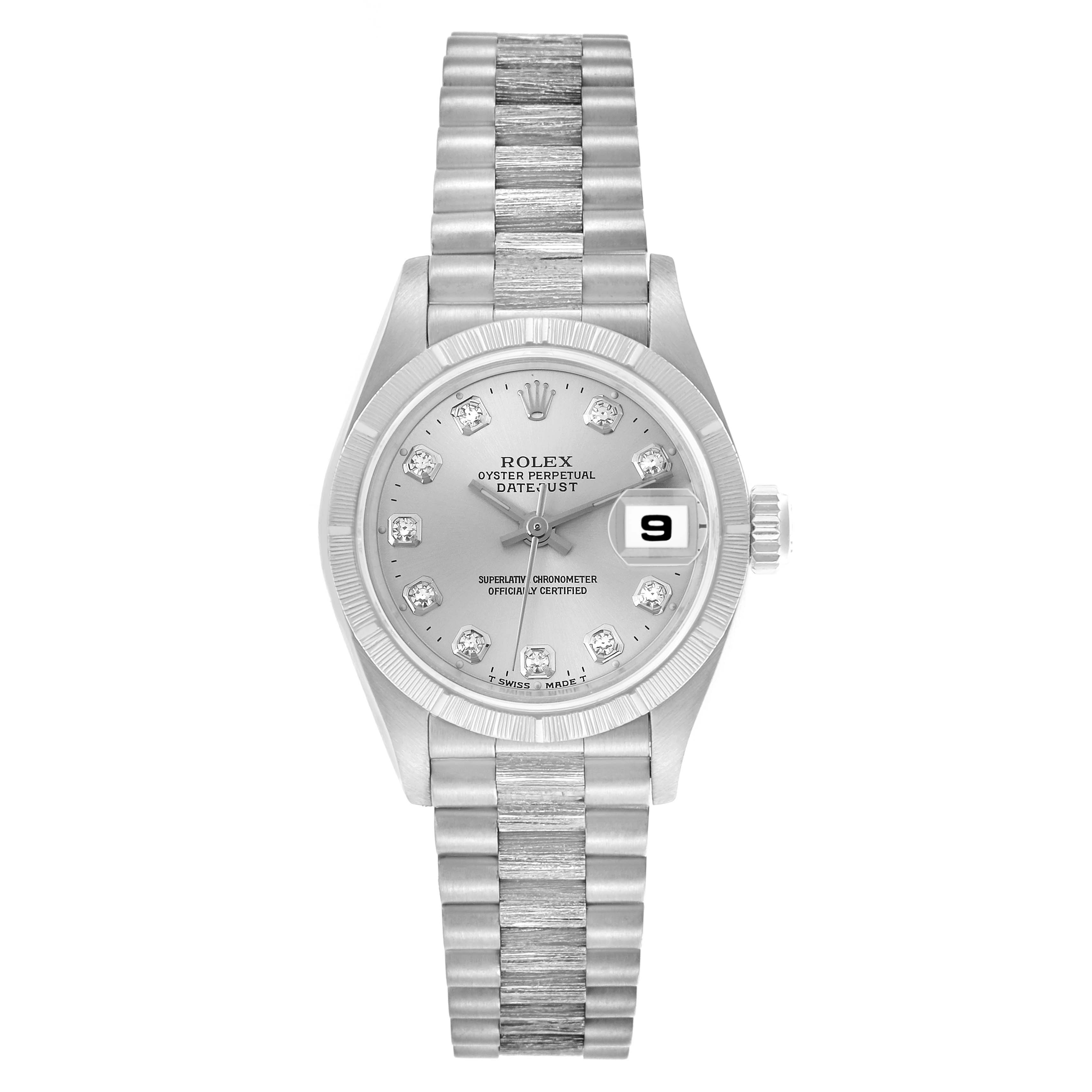 The Rolex Pearlmaster watch is shown from a front angle, displaying the dial, bezel, and bracelet.