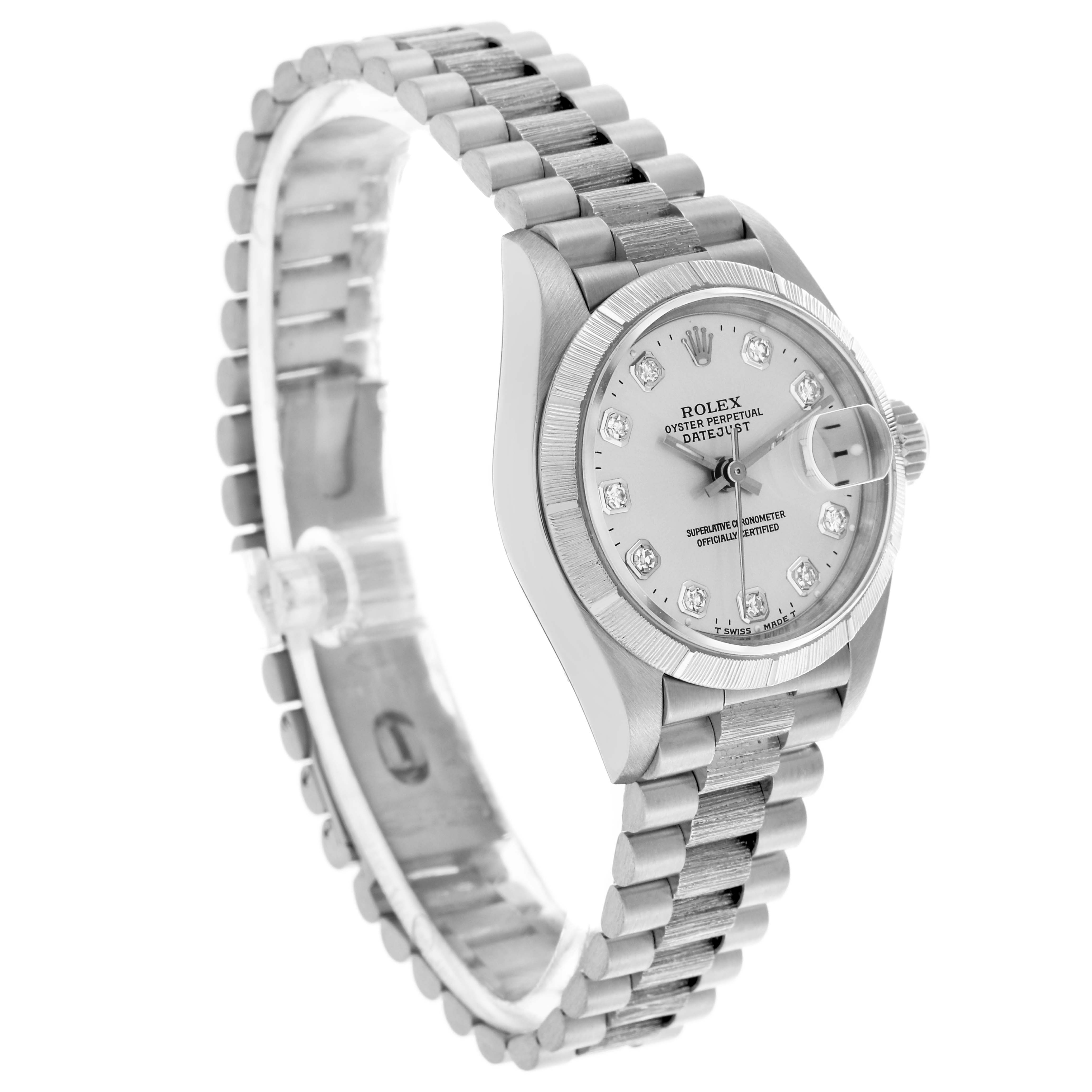 The Rolex Pearlmaster watch is shown from a three-quarter view, highlighting the dial, bezel, and bracelet.