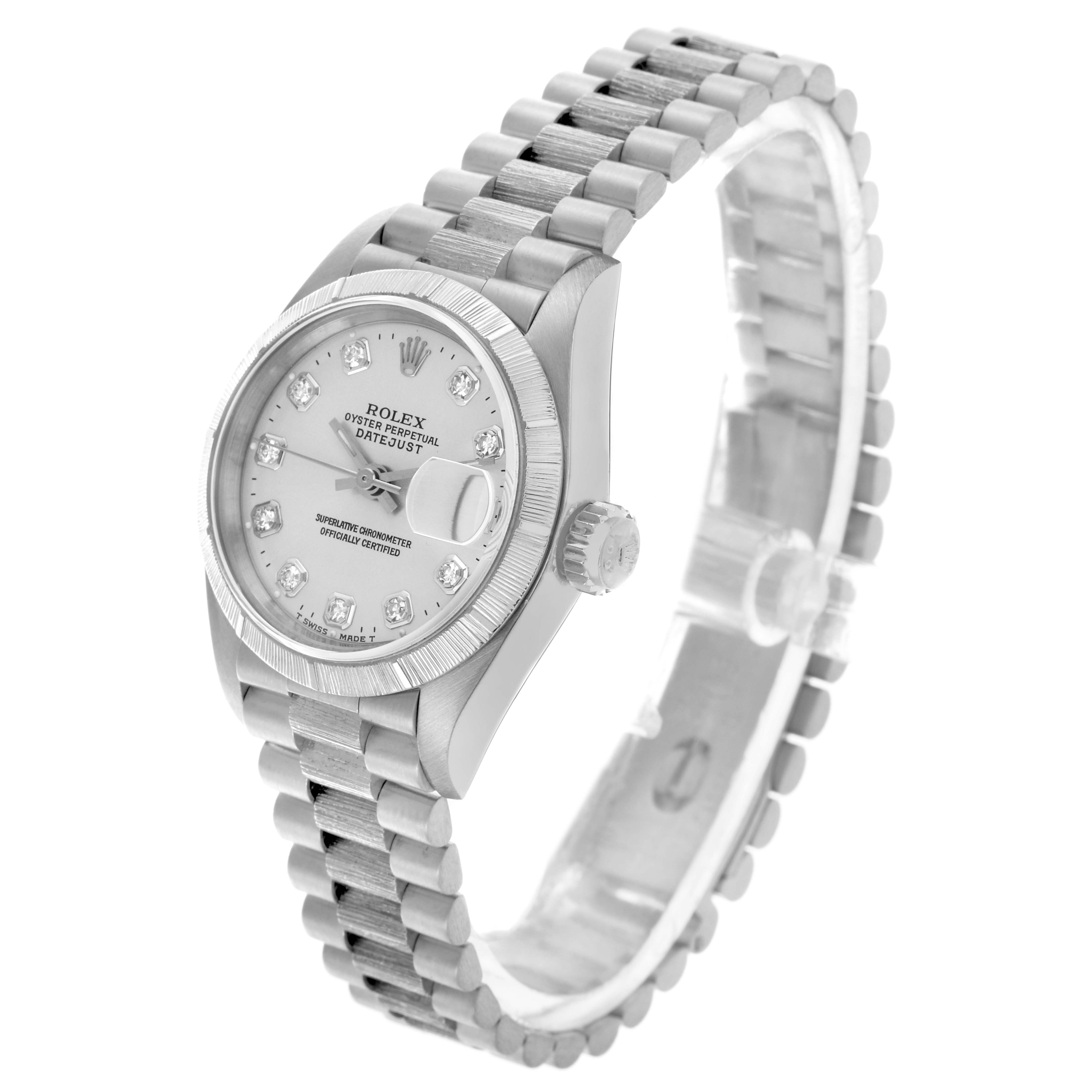 The Rolex Pearlmaster watch is shown at a slight angle, highlighting the face, bezel, crown, and bracelet.