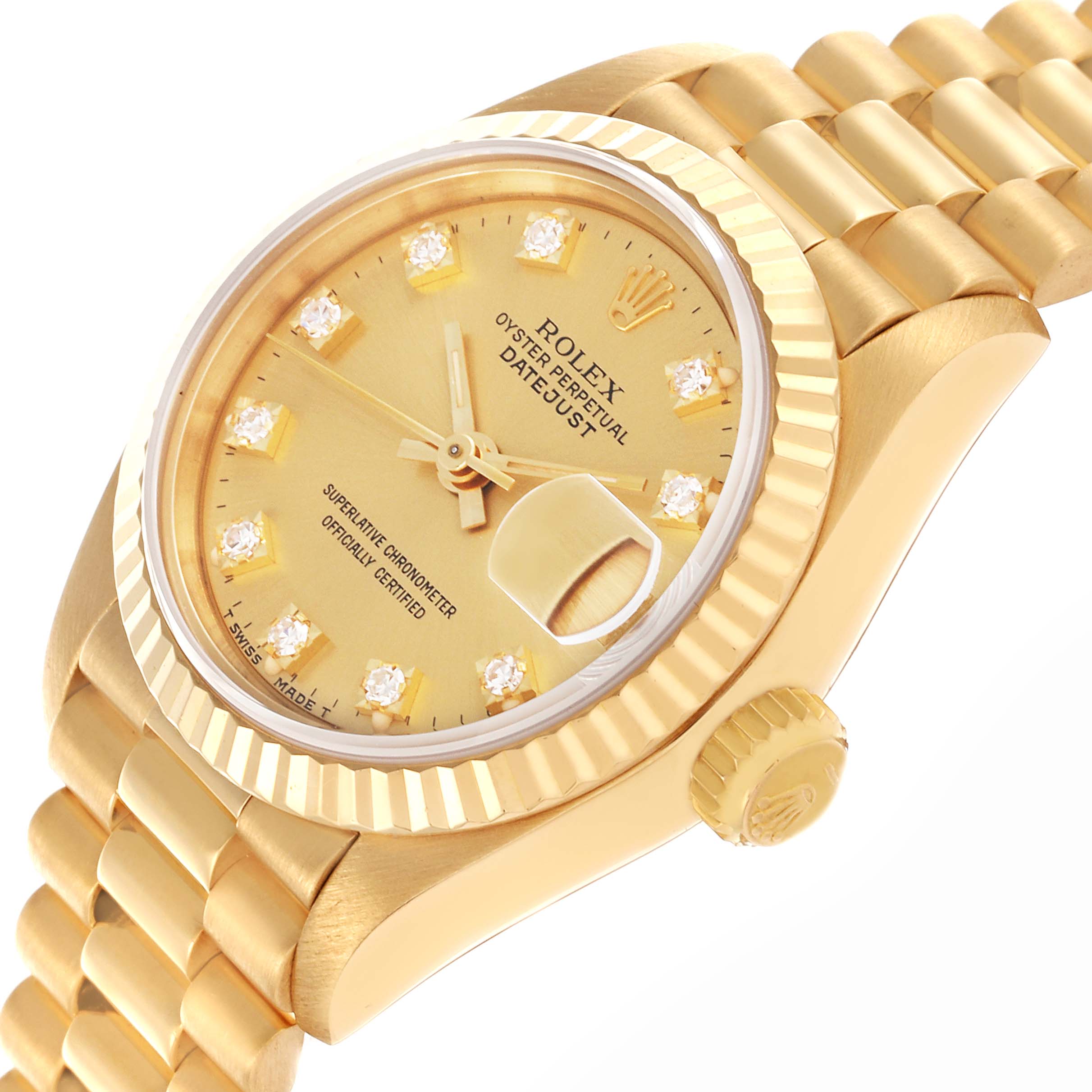 The image shows a close-up side angle of a Rolex President 69178 Women's Yellow Gold Champagne Dial 69178 Women's Yellow Gold Champagne Dial model, highlighting the case, dial, fluted bezel, bracelet, and crown.