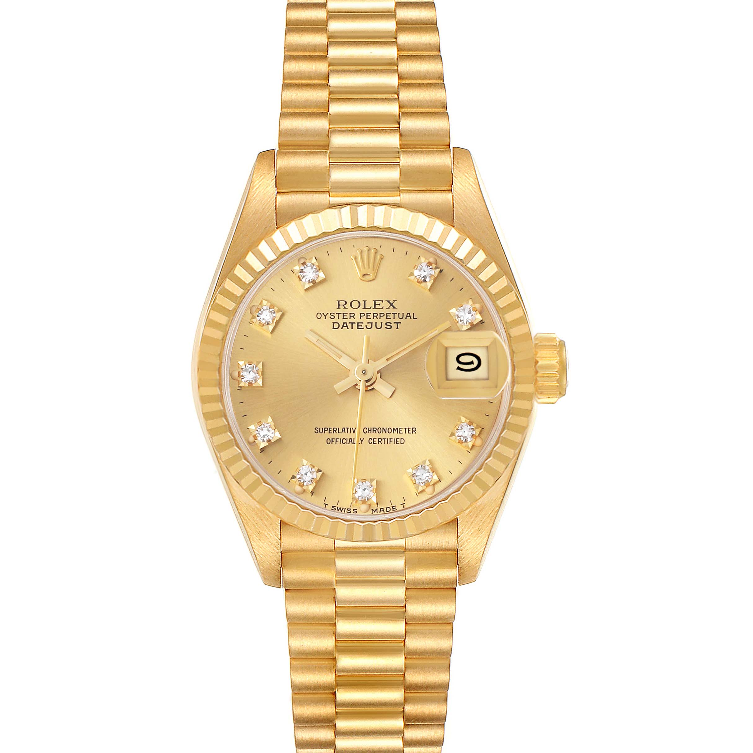 The Rolex President 69178 Women's Yellow Gold Champagne Dial 69178 Women's Yellow Gold Champagne Dial model is shown from a top view, displaying the watch face, date window, fluted bezel, and bracelet.