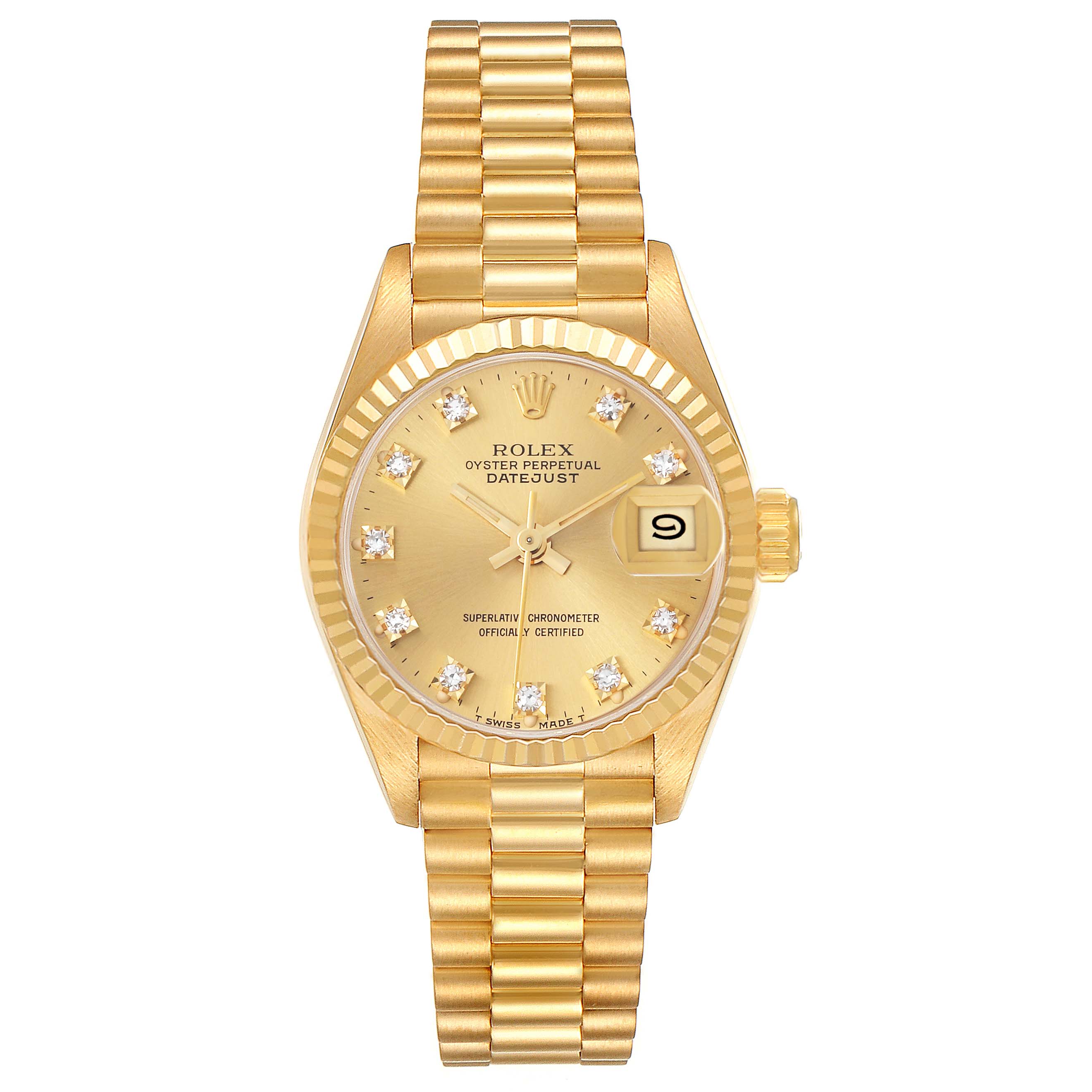 The Rolex President 69178 Women's Yellow Gold Champagne Dial 69178 Women's Yellow Gold Champagne Dial model is shown from the front, displaying the gold case, diamond markers, fluted bezel, and President bracelet.
