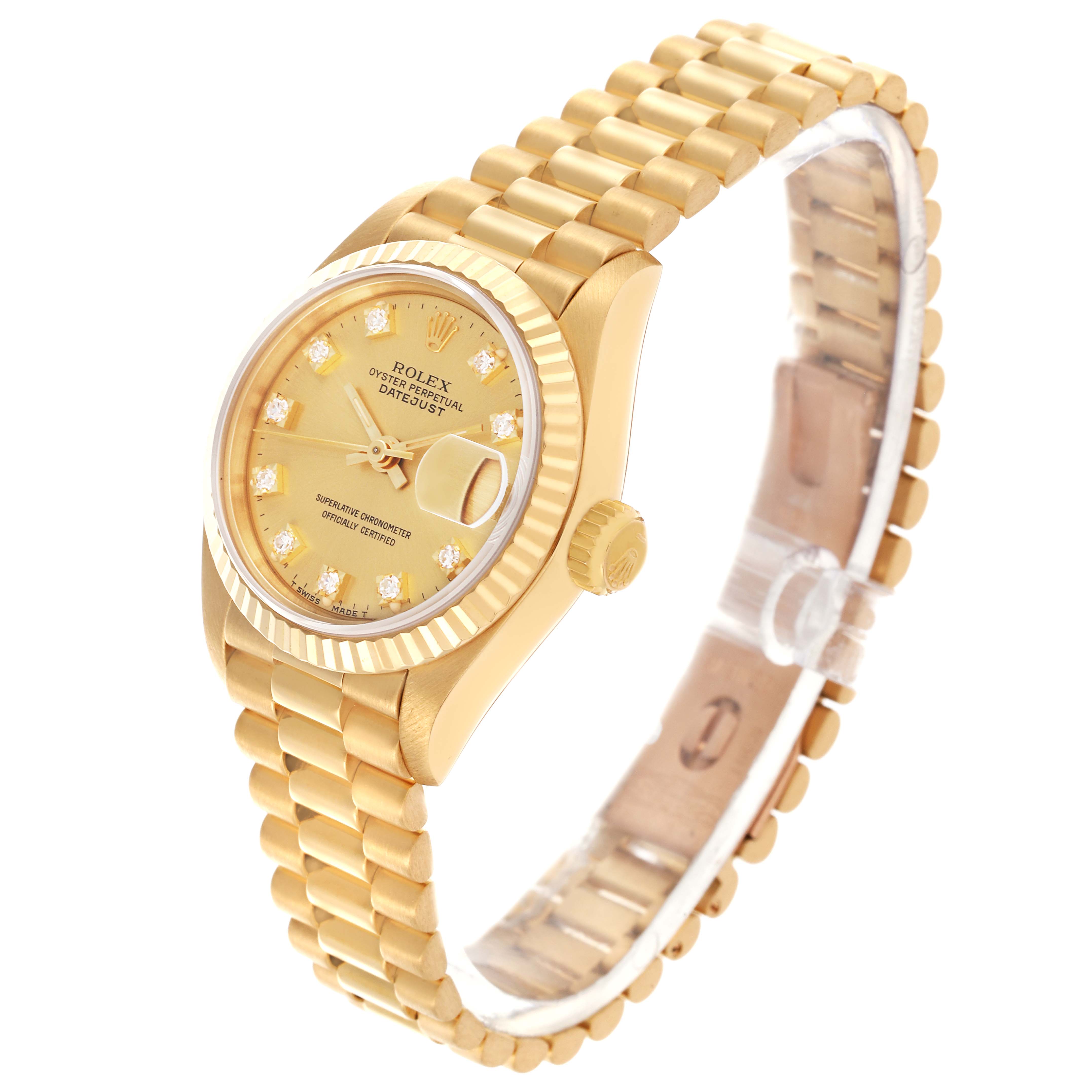 The Rolex President 69178 Women's Yellow Gold Champagne Dial 69178 Women's Yellow Gold Champagne Dial model watch is shown at an angled view focusing on the dial, bezel, crown, and bracelet.