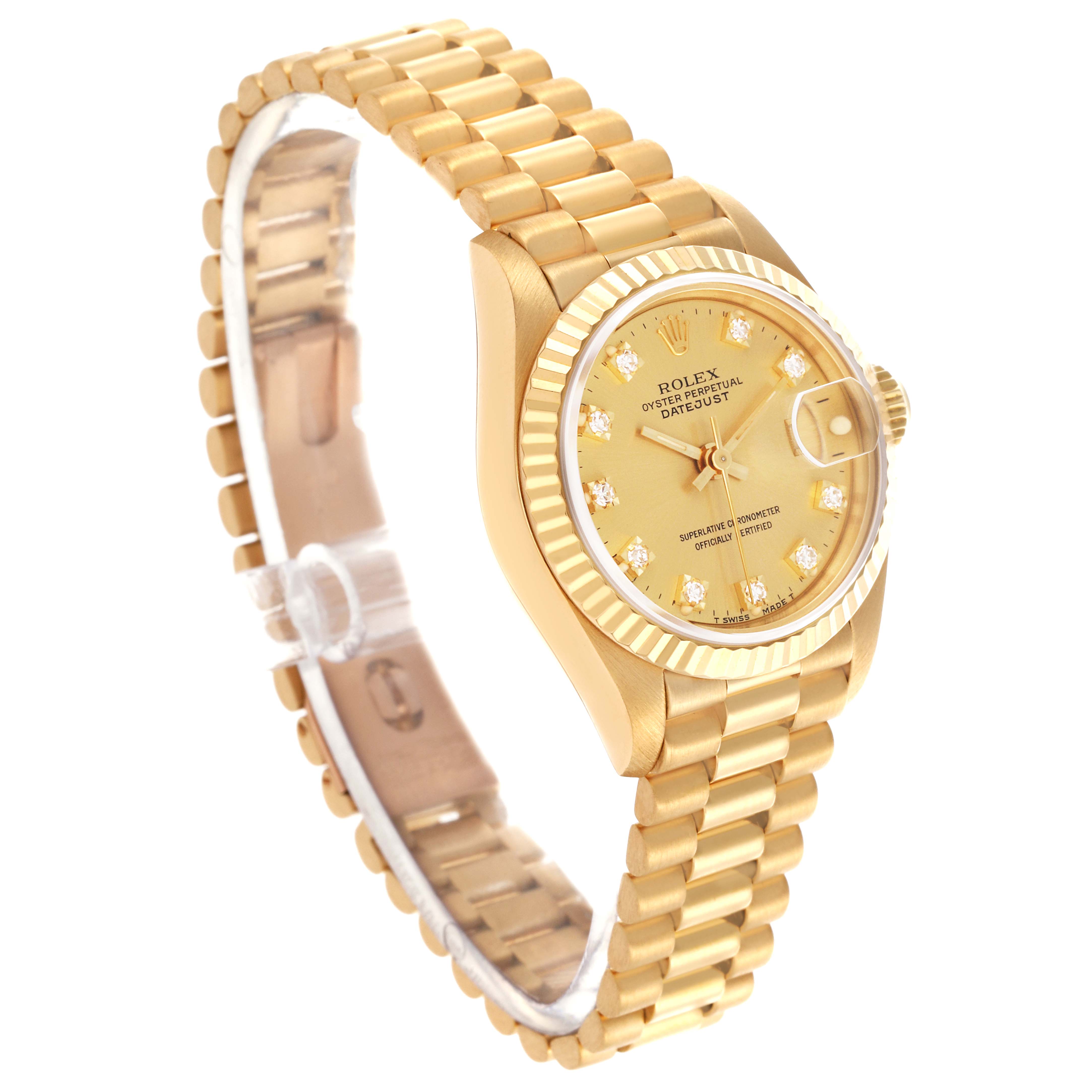The Rolex President 69178 Women's Yellow Gold Champagne Dial 69178 Women's Yellow Gold Champagne Dial watch is shown at a three-quarter angle, highlighting its gold case, fluted bezel, and bracelet.