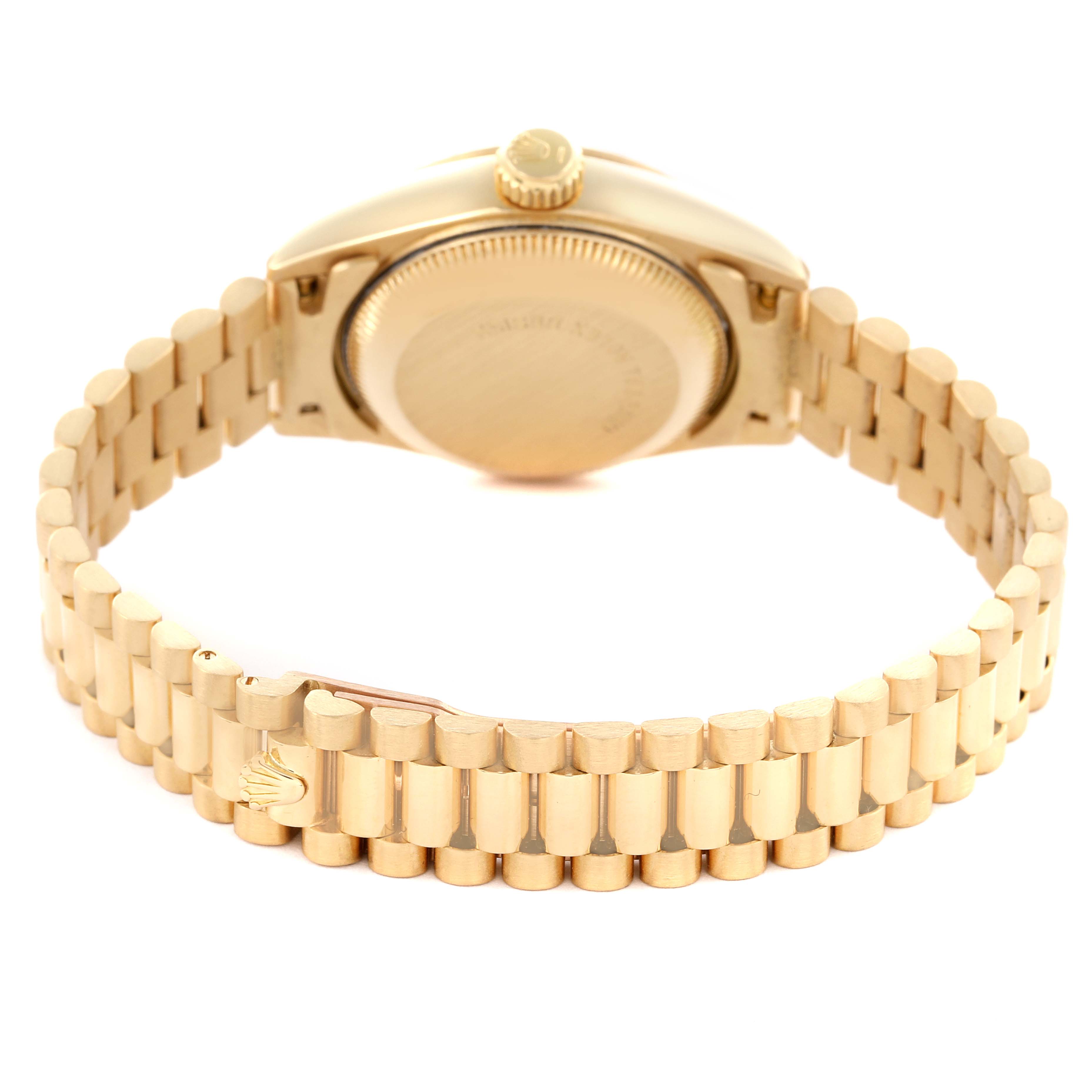 The image shows the back view of a Rolex President 69178 Women's Yellow Gold Champagne Dial 69178 Women's Yellow Gold Champagne Dial model, highlighting the case back and the gold bracelet with the Rolex crown logo.