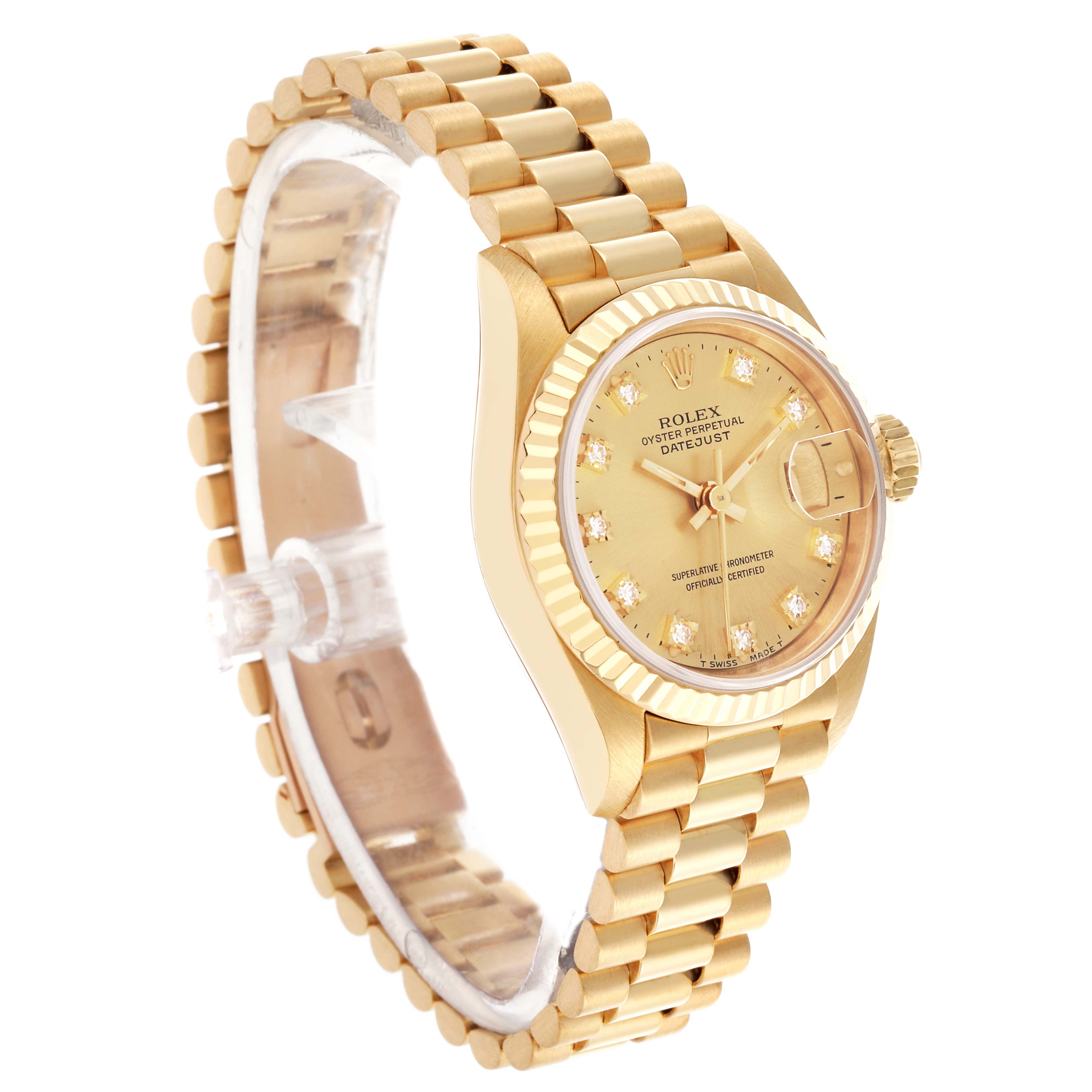The Rolex President 69178 Women's Yellow Gold Champagne Dial 69178 Women's Yellow Gold Champagne Dial watch is shown at a three-quarter angle, highlighting the face, bezel, and bracelet.
