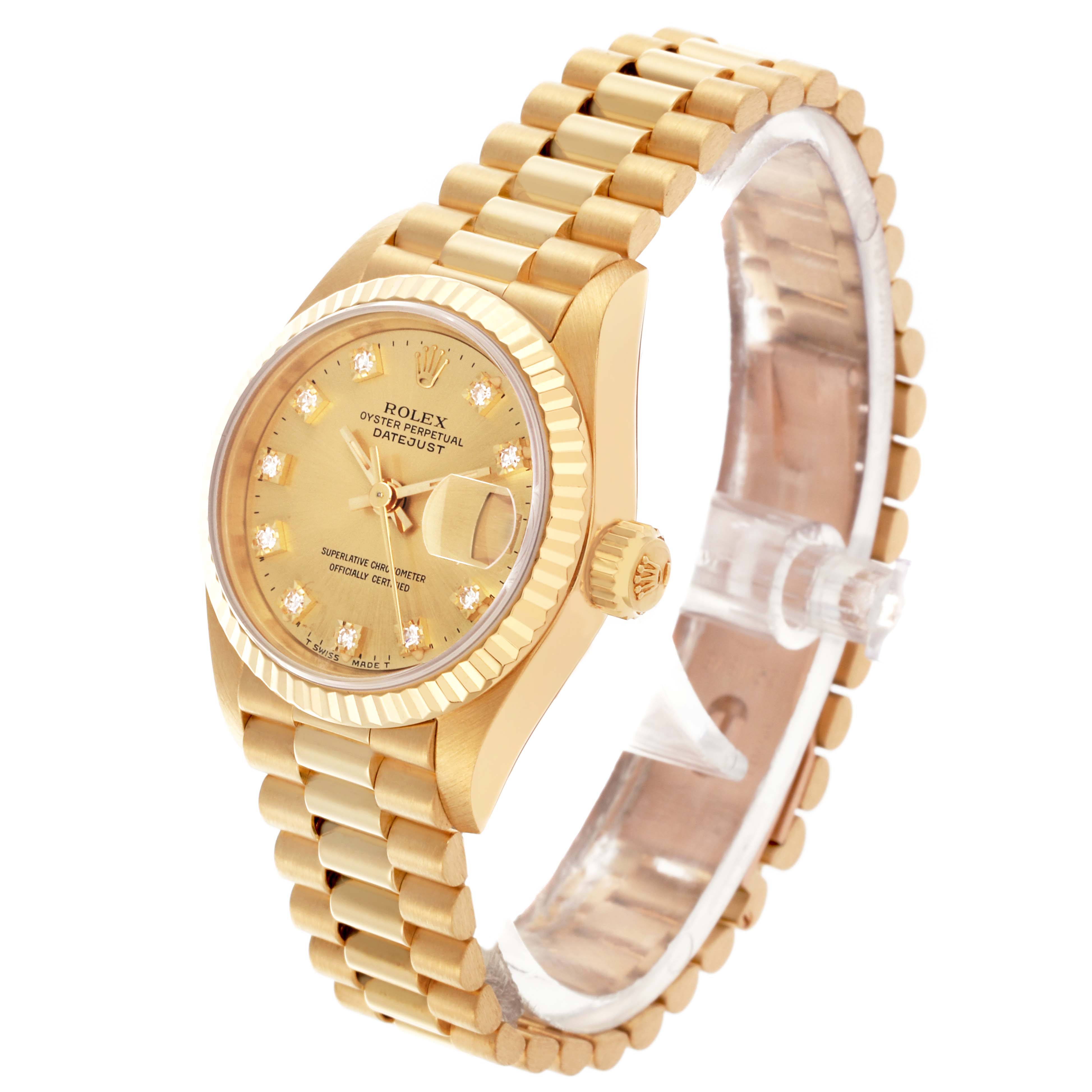 The Rolex President 69178 Women's Yellow Gold Champagne Dial 69178 Women's Yellow Gold Champagne Dial model watch is shown at an angled side view, displaying the case, dial, crown, and bracelet.
