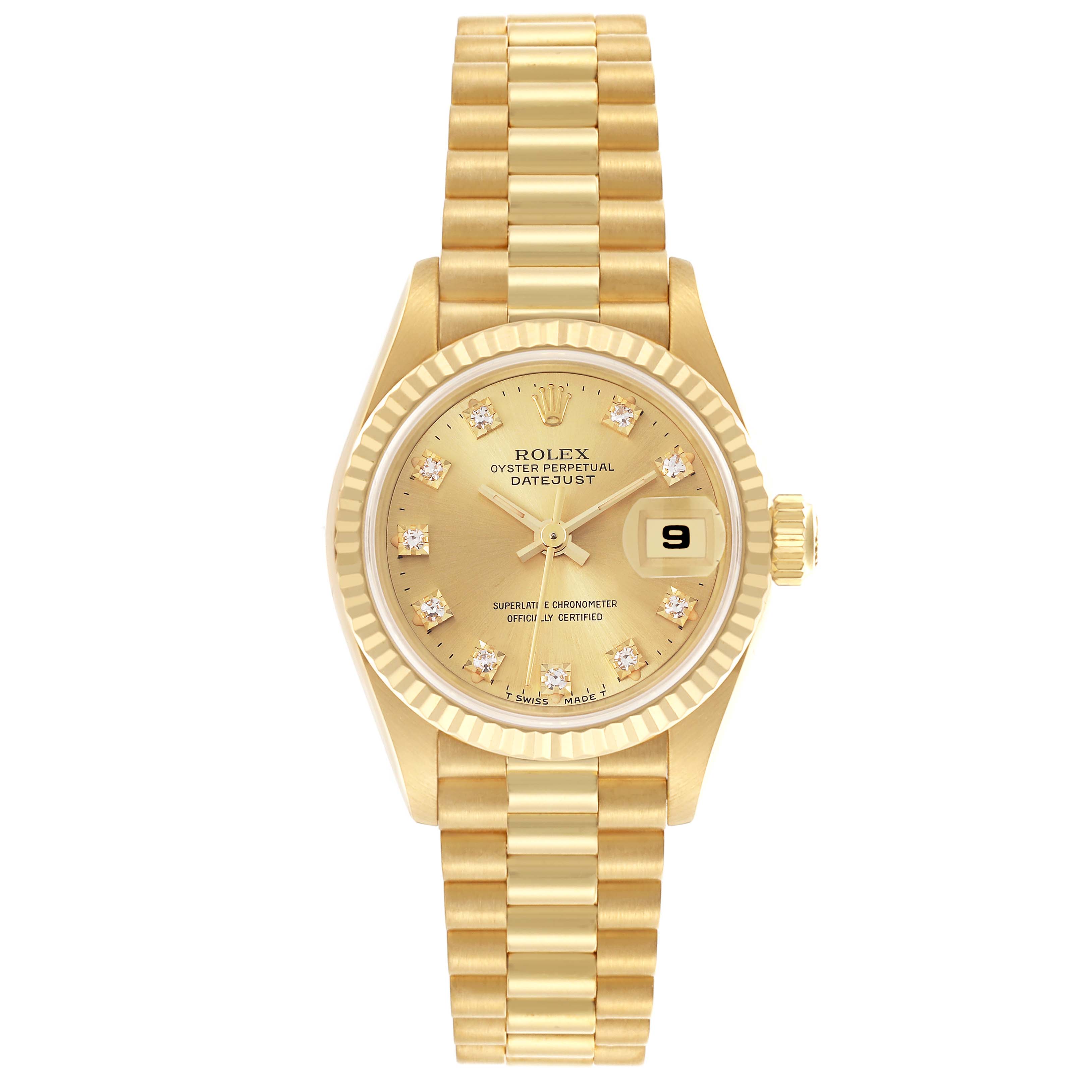 The Rolex President 69178 Women's Yellow Gold Champagne Dial 69178 Women's Yellow Gold Champagne Dial watch is shown from a front angle, highlighting the dial, case, and entire bracelet.