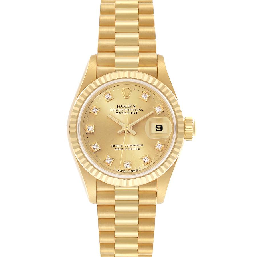 The Rolex President model is shown from a top view, displaying the dial, fluted bezel, and gold bracelet.