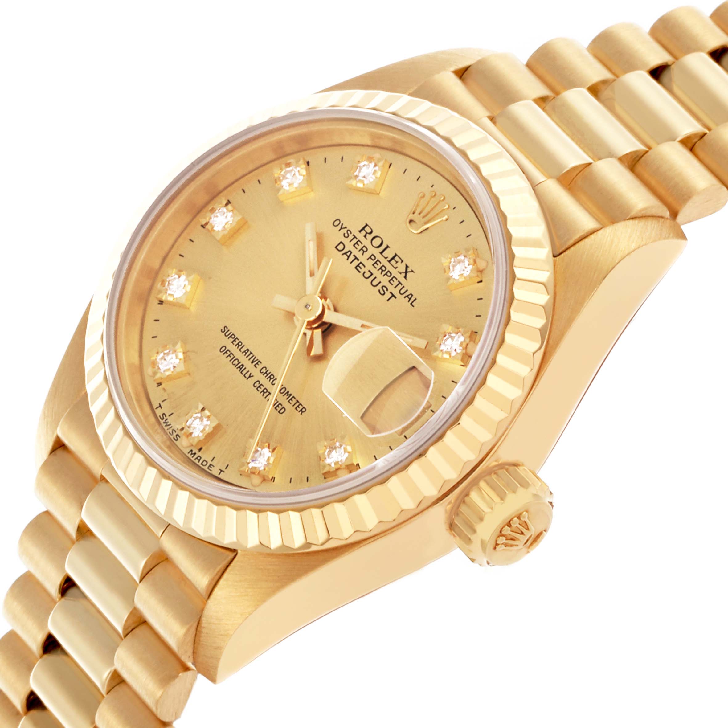 The Rolex President 69178 Women's Yellow Gold Champagne Dial 69178 Women's Yellow Gold Champagne Dial model watch is shown from an angled perspective, highlighting the face, bezel, crown, and part of the bracelet.