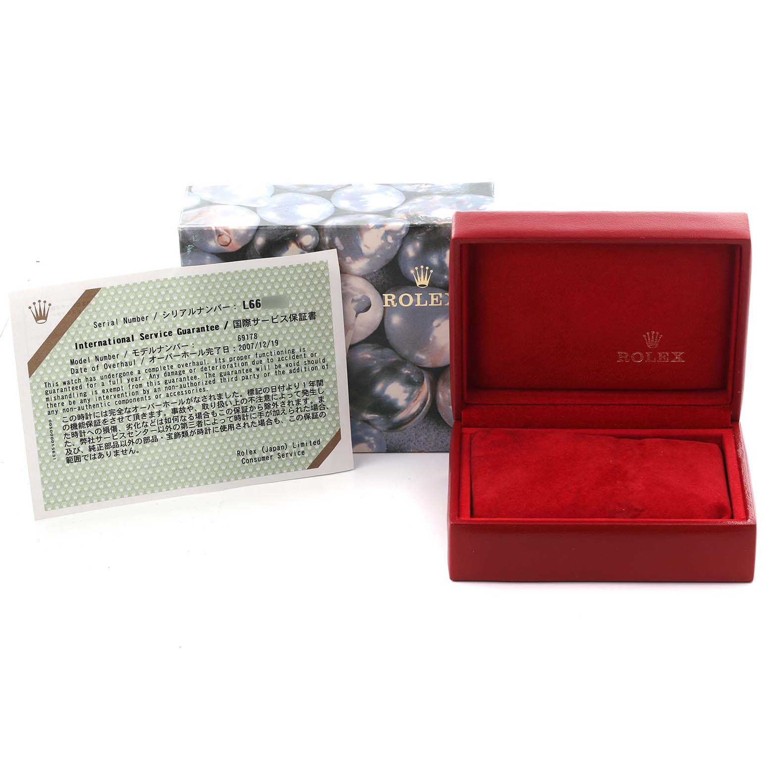 The image shows a Rolex President 69178 Women's Yellow Gold Champagne Dial 69178 Women's Yellow Gold Champagne Dial model watch's red box, warranty card, and outer packaging from a front angle.