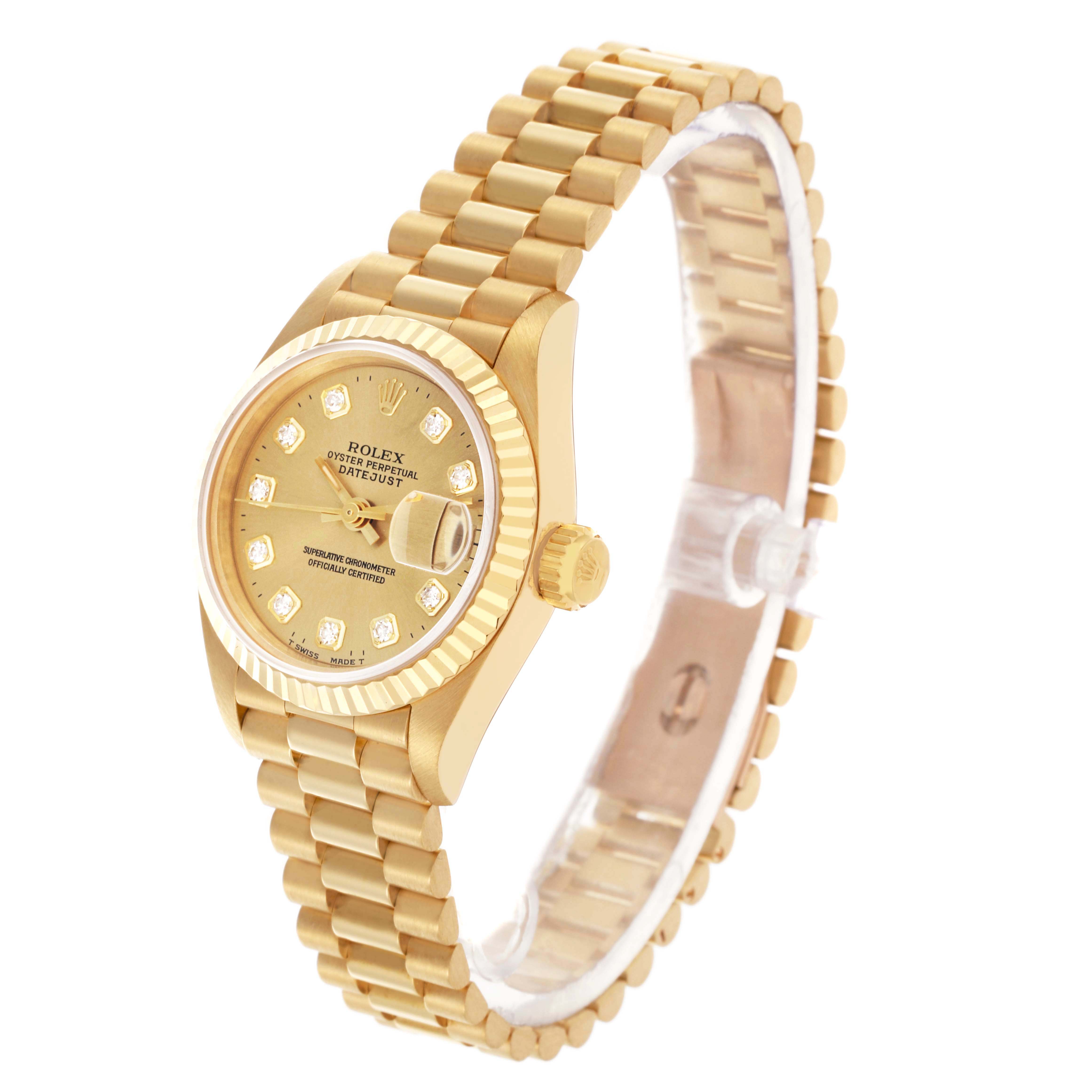 The Rolex President 69178 Women's Yellow Gold Champagne Dial 69178 Women's Yellow Gold Champagne Dial watch is shown at an angled view, highlighting the face, bracelet, and crown.