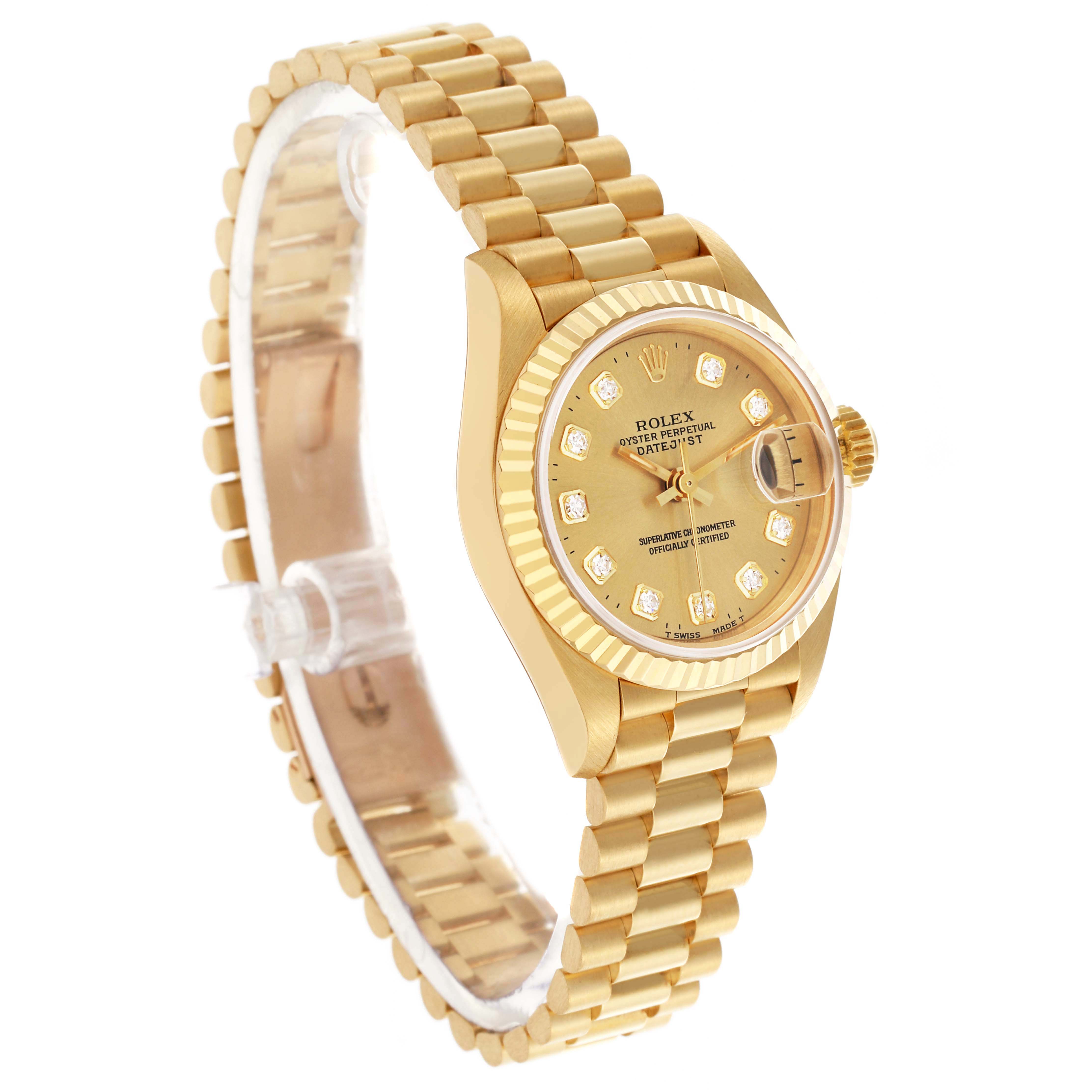 The Rolex President 69178 Women's Yellow Gold Champagne Dial 69178 Women's Yellow Gold Champagne Dial watch is shown at a slight angle, highlighting the face, bezel, and bracelet links.