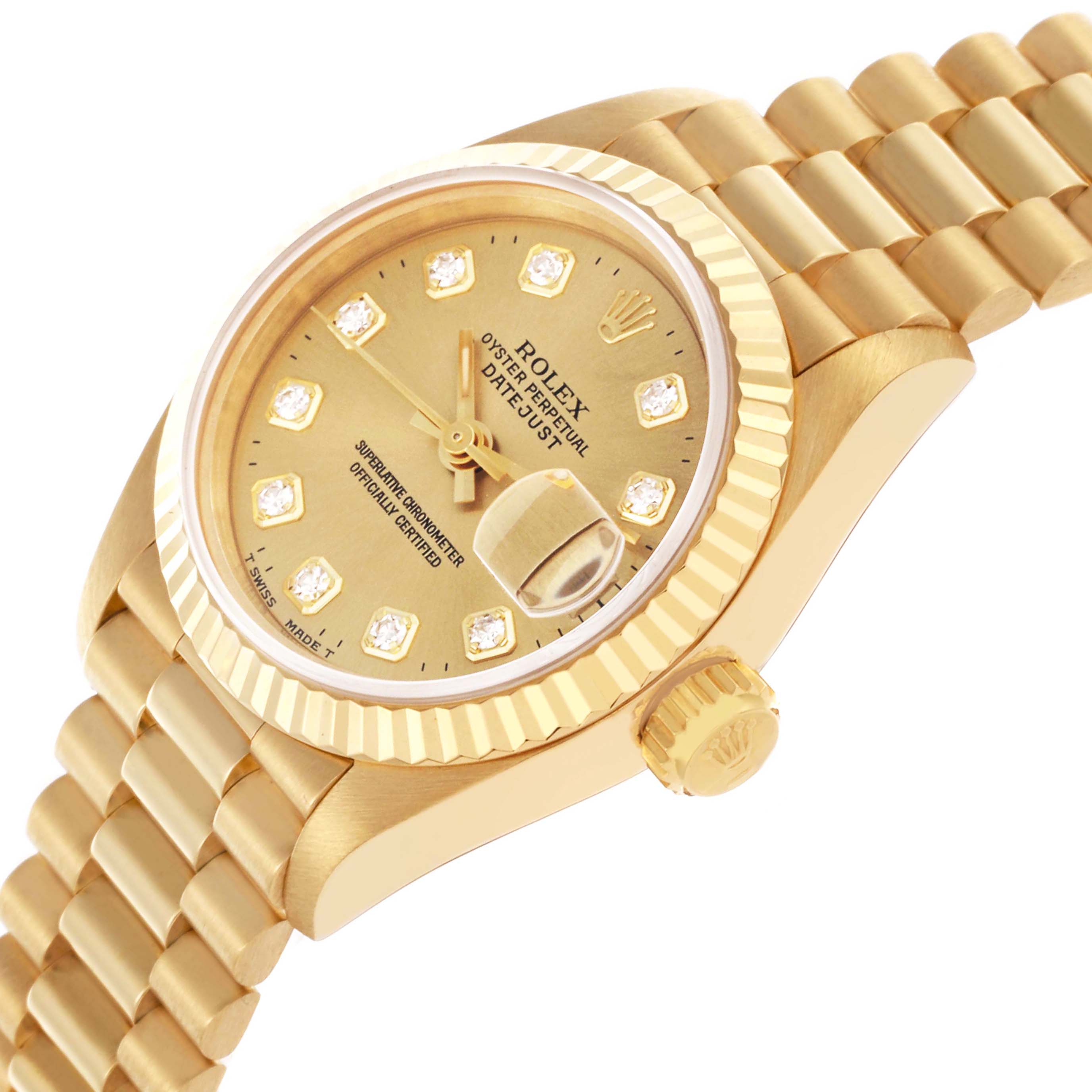 The image shows a Rolex President 69178 Women's Yellow Gold Champagne Dial 69178 Women's Yellow Gold Champagne Dial model watch at an angle displaying the face, bezel, crown, and part of the bracelet.