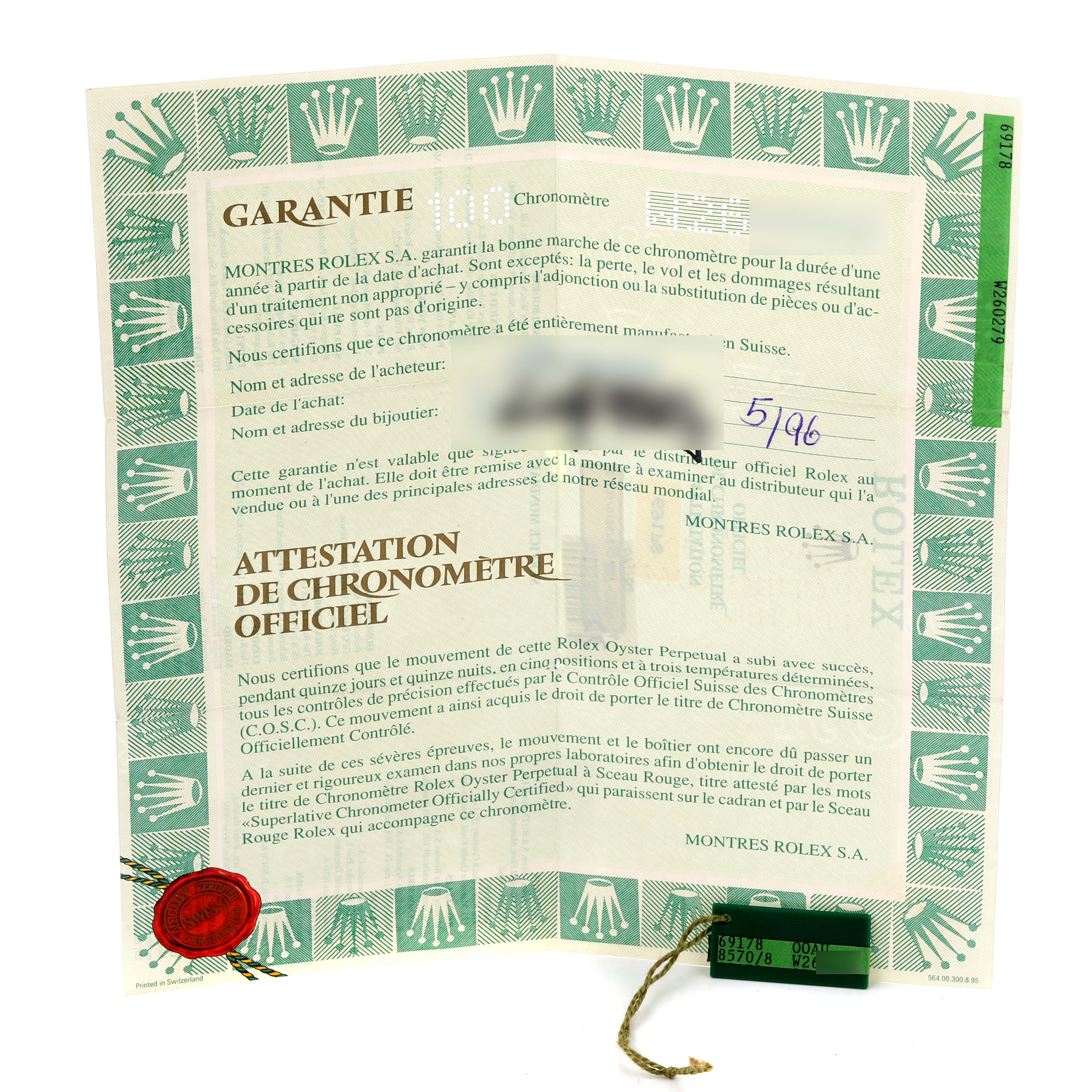 The image shows a warranty certificate and tag for the Rolex President 69178 Women's Yellow Gold Champagne Dial 69178 Women's Yellow Gold Champagne Dial model, featuring the brand's iconic green and crown motifs.