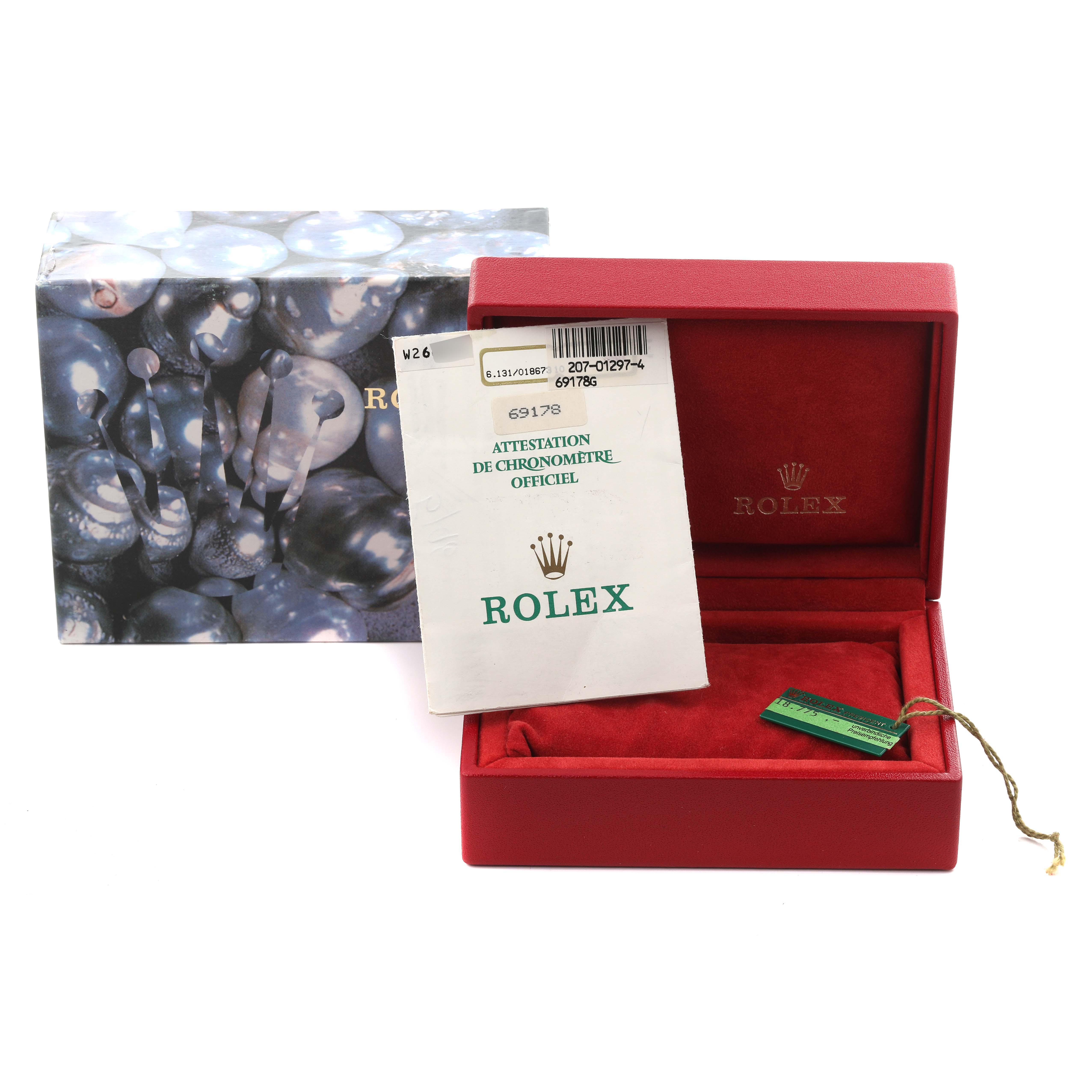 The image shows a Rolex President 69178 Women's Yellow Gold Champagne Dial 69178 Women's Yellow Gold Champagne Dial watch box, warranty card, and packaging, viewed from the front.