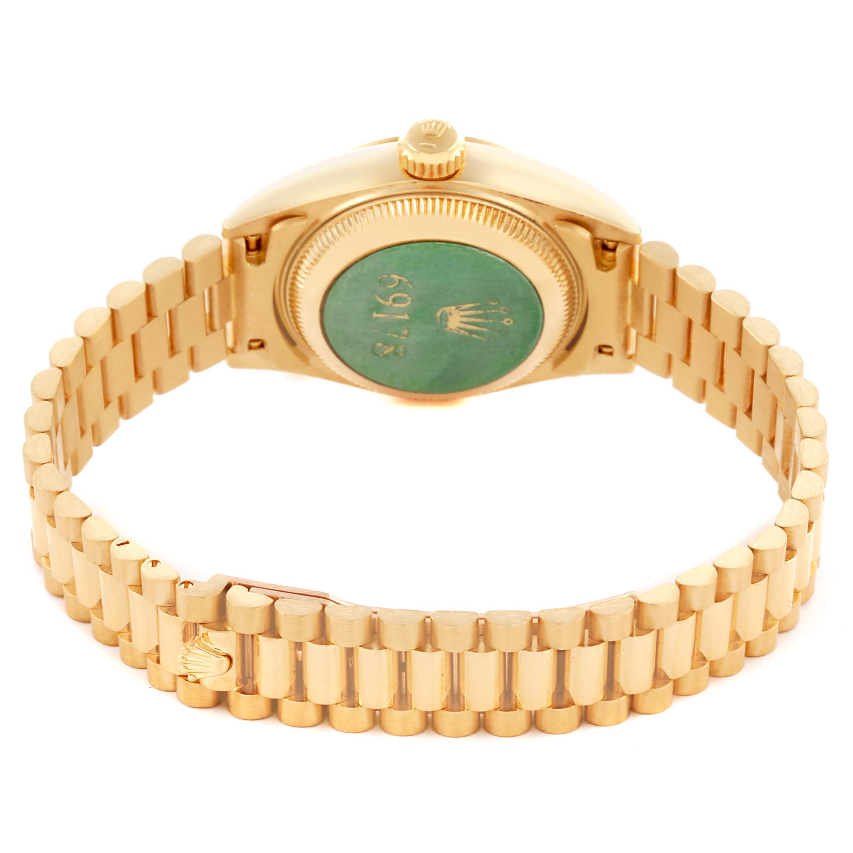 The image shows the back view of the Rolex President 69178 Women's Yellow Gold Champagne Dial 69178 Women's Yellow Gold Champagne Dial model watch, featuring its bracelet and case back.