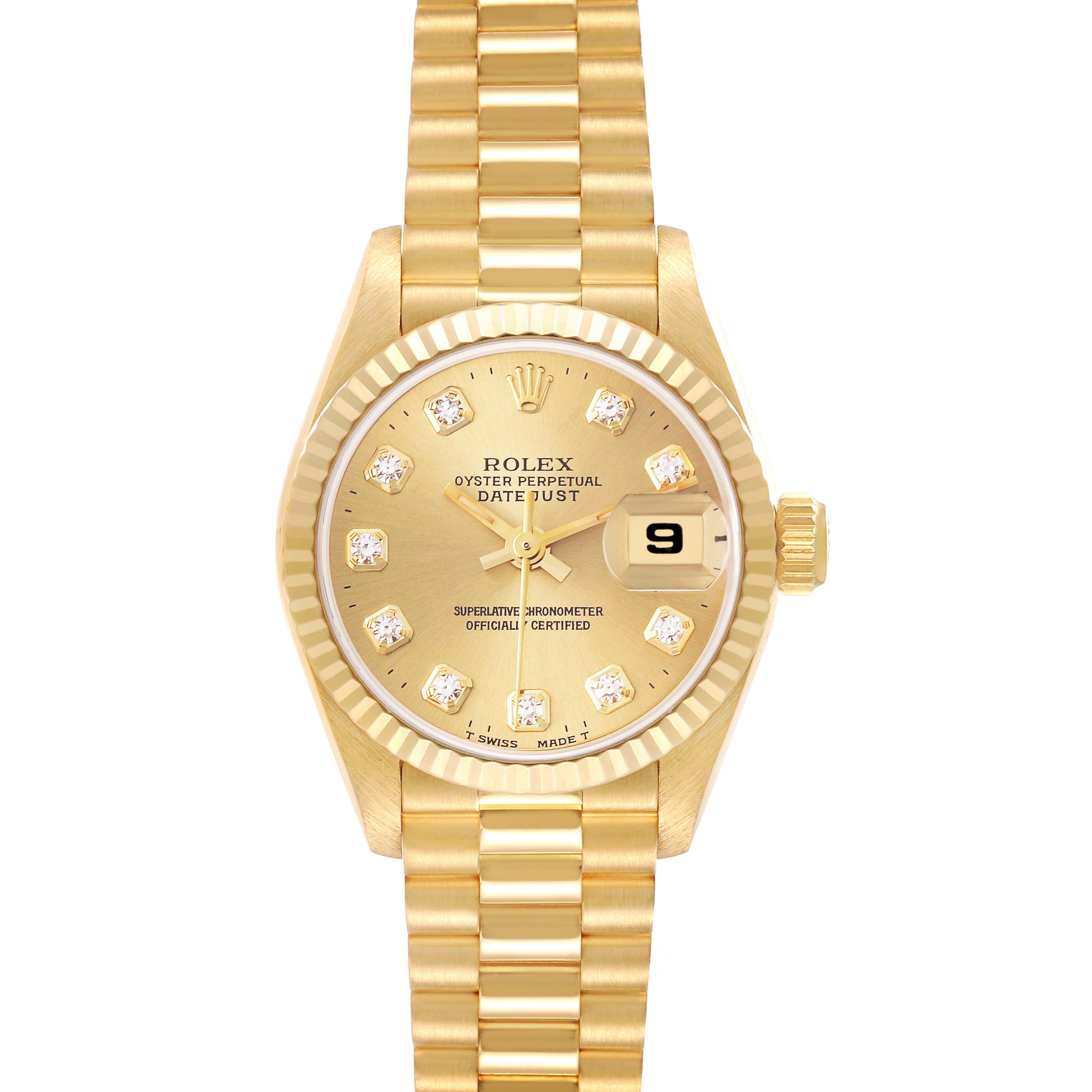 The Rolex President 69178 Women's Yellow Gold Champagne Dial 69178 Women's Yellow Gold Champagne Dial model watch is shown from the front, highlighting its dial, bezel, and bracelet.