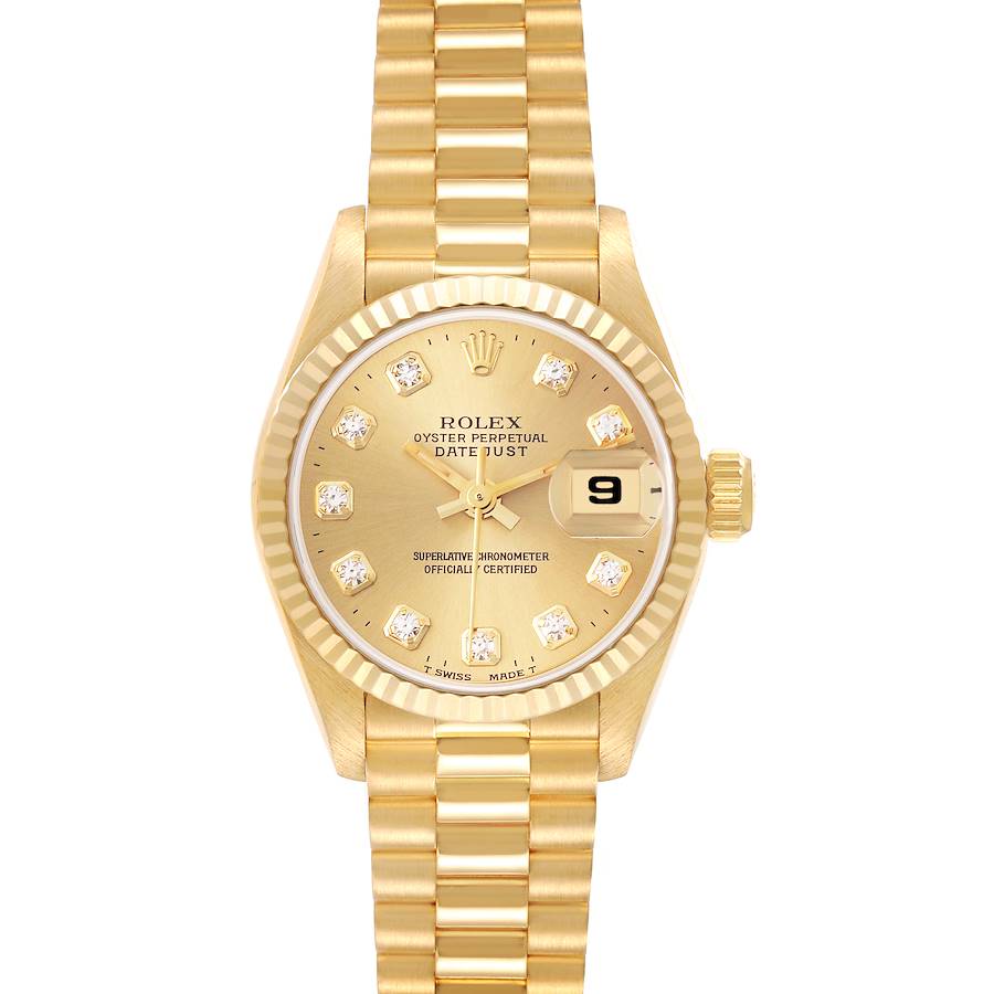 The Rolex President model watch is shown from the front, highlighting its dial, bezel, and bracelet.