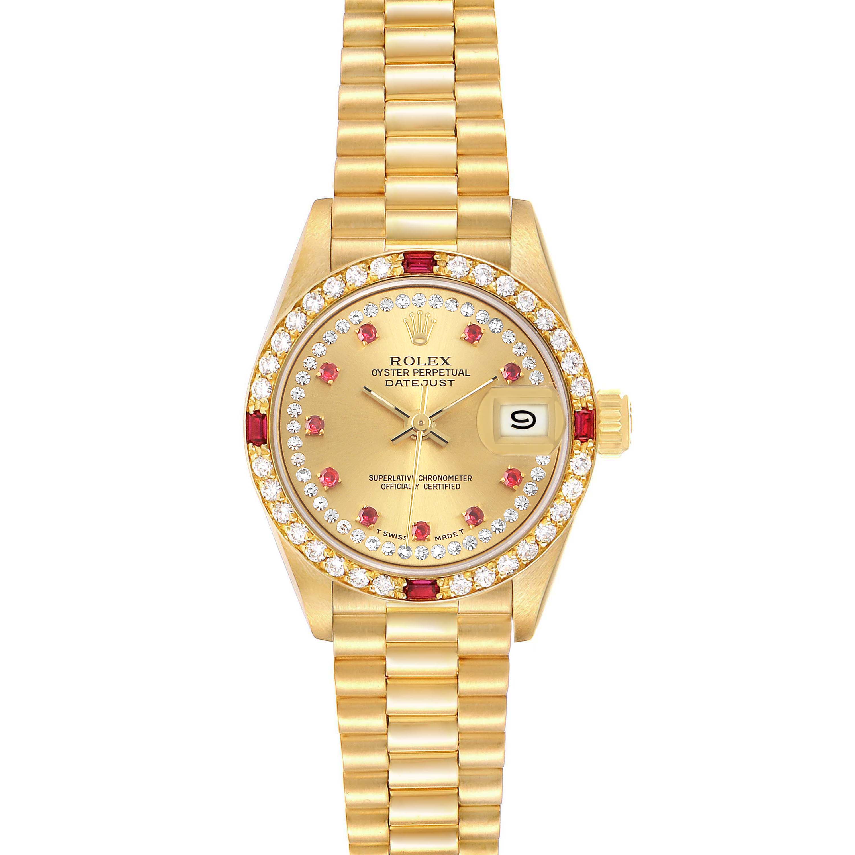 The Rolex President 69068 Women's Yellow Gold Champagne Dial model is shown from a top-down angle, displaying the watch face, bezel, and bracelet.