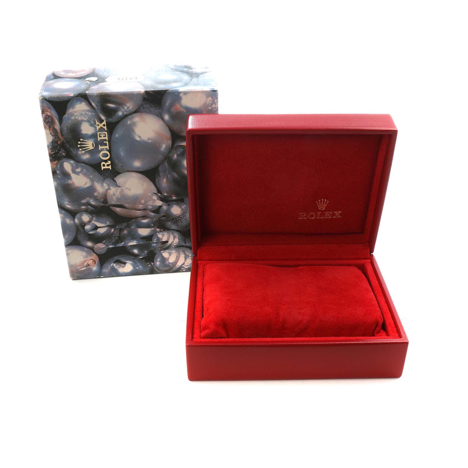 The image shows a Rolex President 69068 Women's Yellow Gold Champagne Dial model watch box open with a red interior and a patterned outer box beside it.