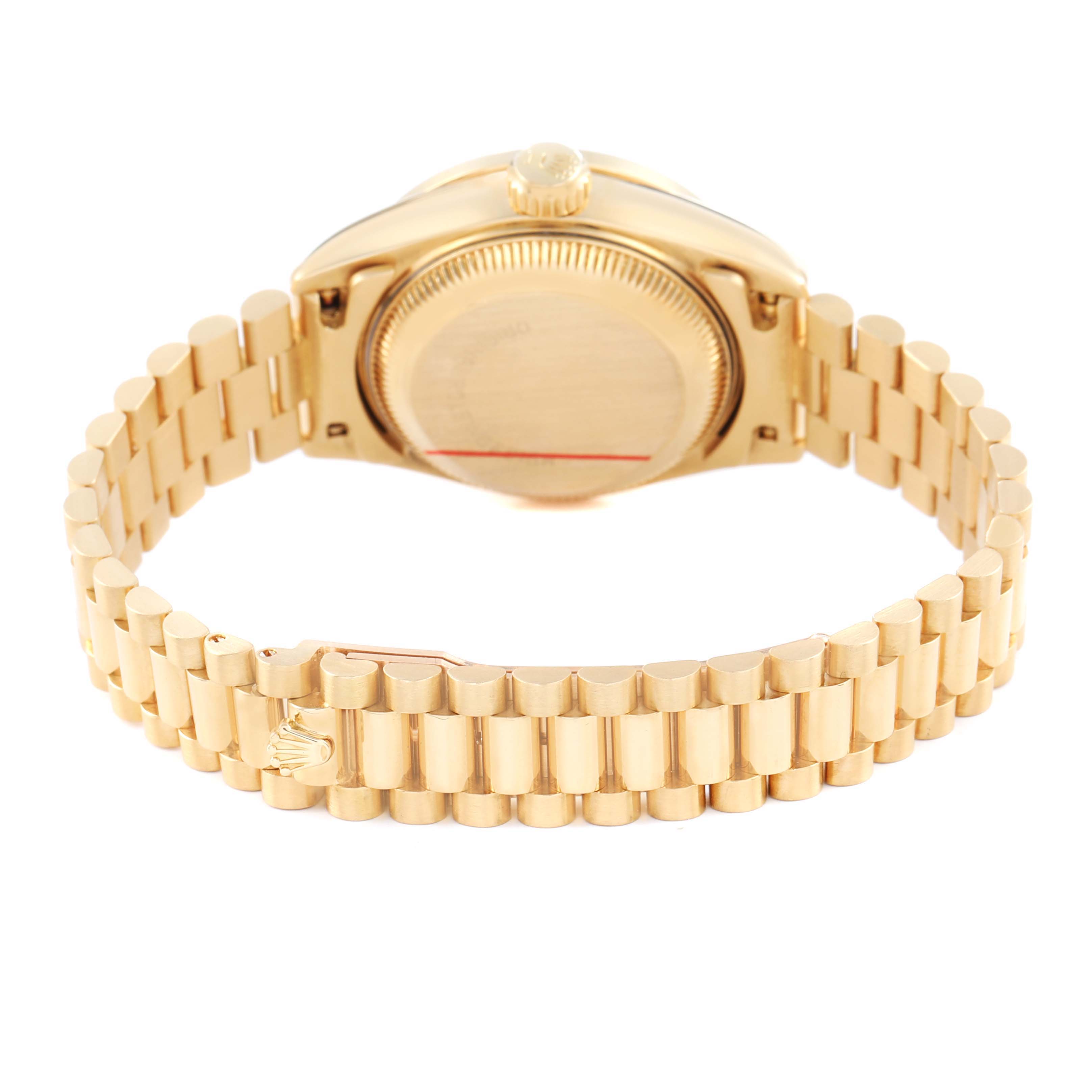 The image shows the back of a Rolex President 69068 Women's Yellow Gold Champagne Dial model watch, featuring the bracelet and case back, viewed from behind.