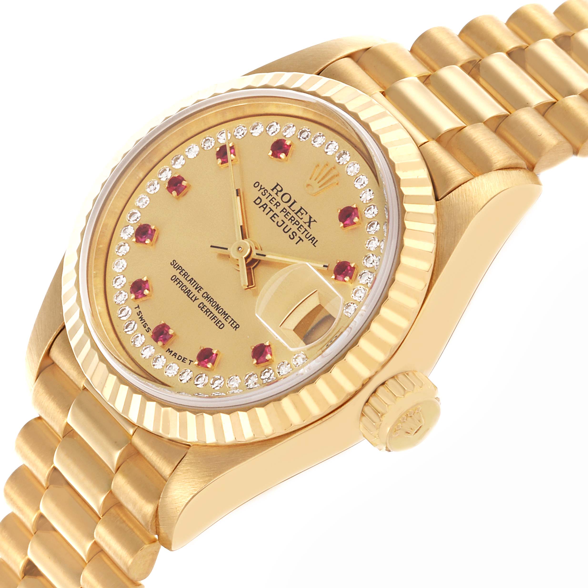 The Rolex President 69178 Women's Yellow Gold Champagne Dial 69178 Women's Yellow Gold Champagne Dial model is shown at a side angle, highlighting its gold bracelet, bezel, crown, and detailed dial.