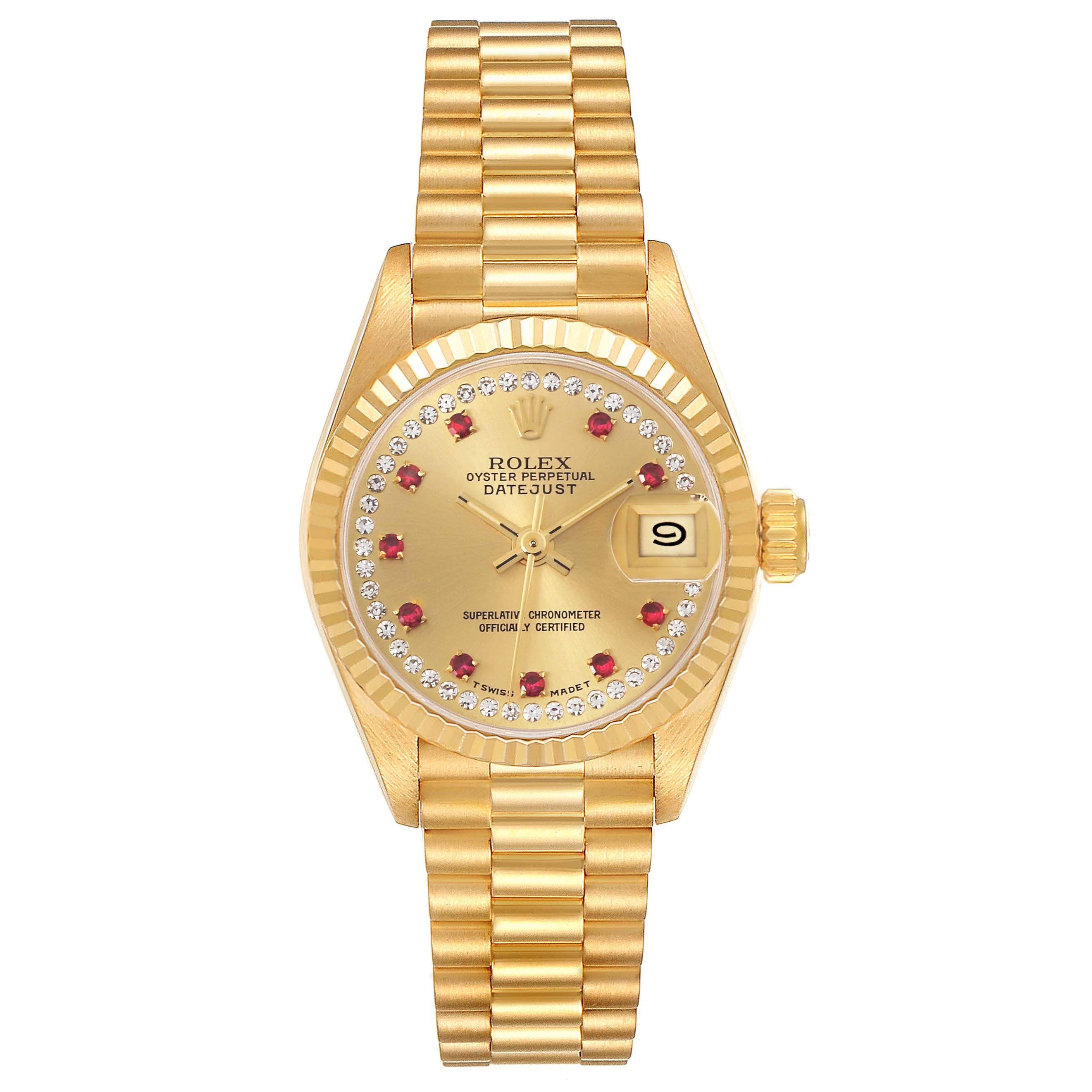 The Rolex President 69178 Women's Yellow Gold Champagne Dial 69178 Women's Yellow Gold Champagne Dial model is shown from a top view, highlighting the face, bezel, and bracelet.