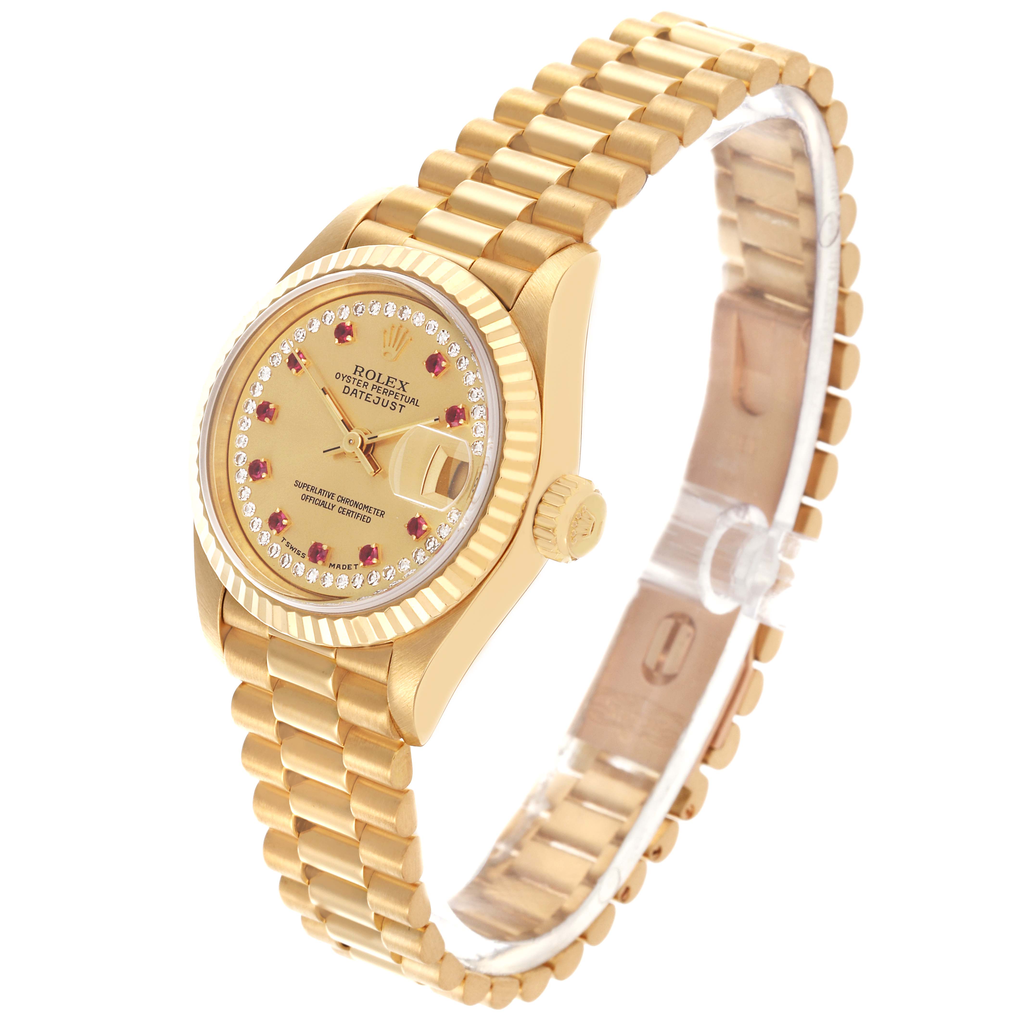 The Rolex President 69178 Women's Yellow Gold Champagne Dial 69178 Women's Yellow Gold Champagne Dial model watch is shown at a three-quarter angle, highlighting the face, bracelet, and bezel.