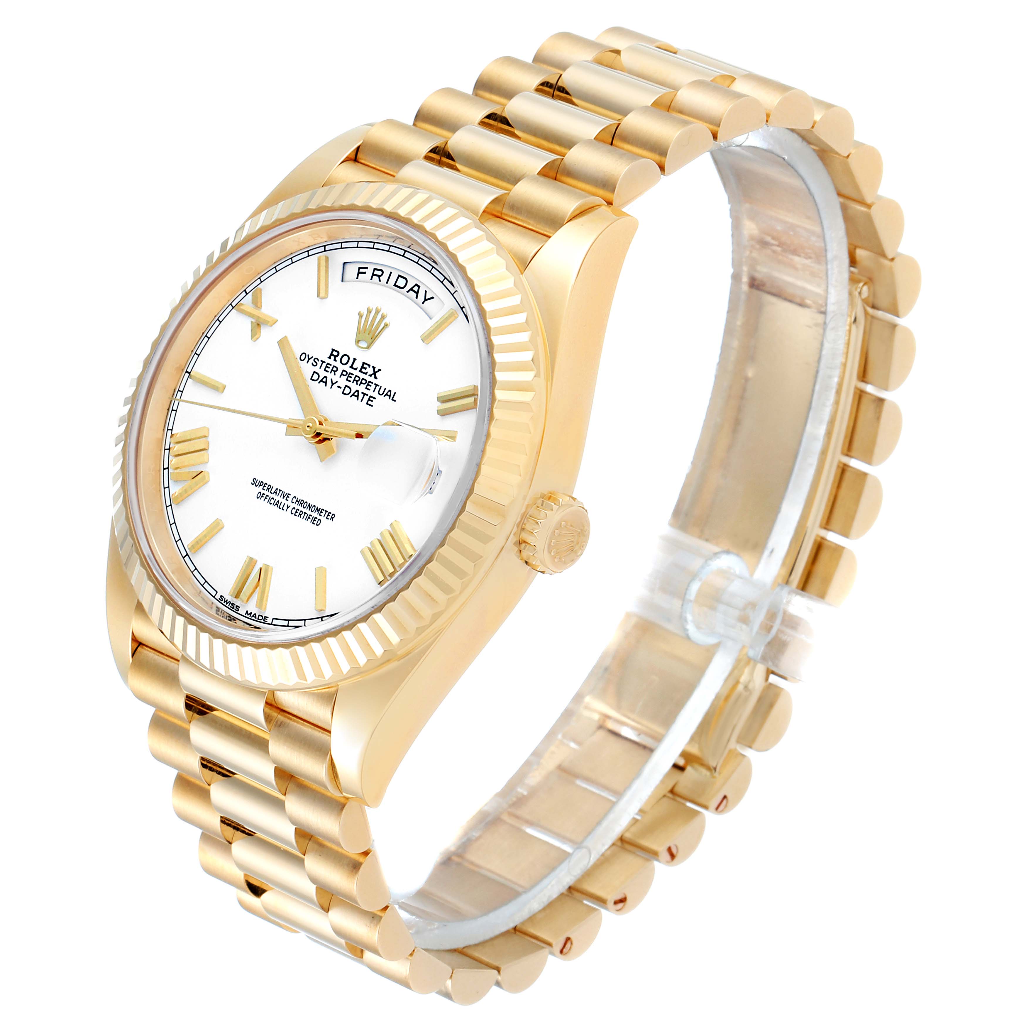 This image shows a gold Rolex President 228238 Men's Yellow Gold White Dial 228238 Men's Yellow Gold White Dial model watch from a three-quarter angle, highlighting its face, bracelet, and crown.