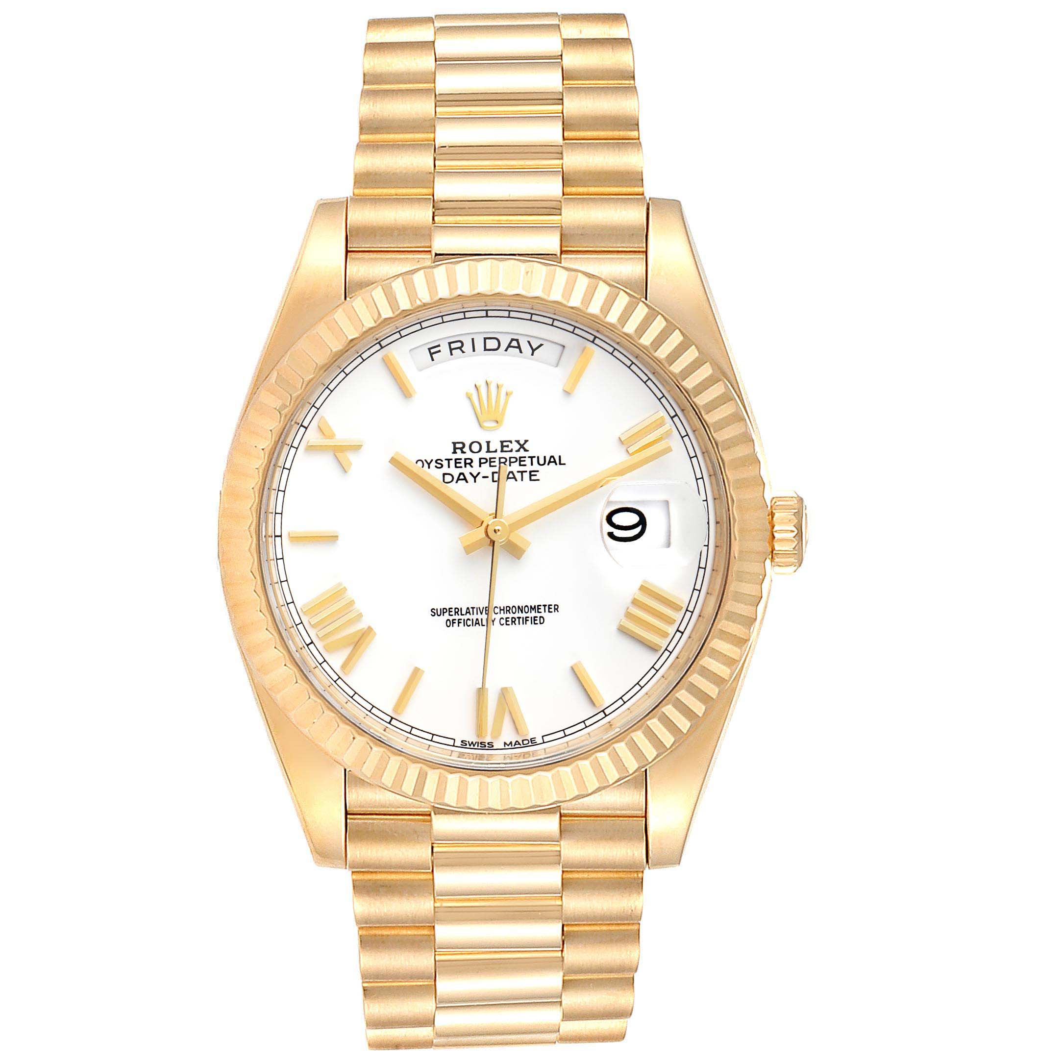 The Rolex President 228238 Men's Yellow Gold White Dial 228238 Men's Yellow Gold White Dial model watch is shown from a front angle, displaying its gold bracelet, white dial, and date functions.