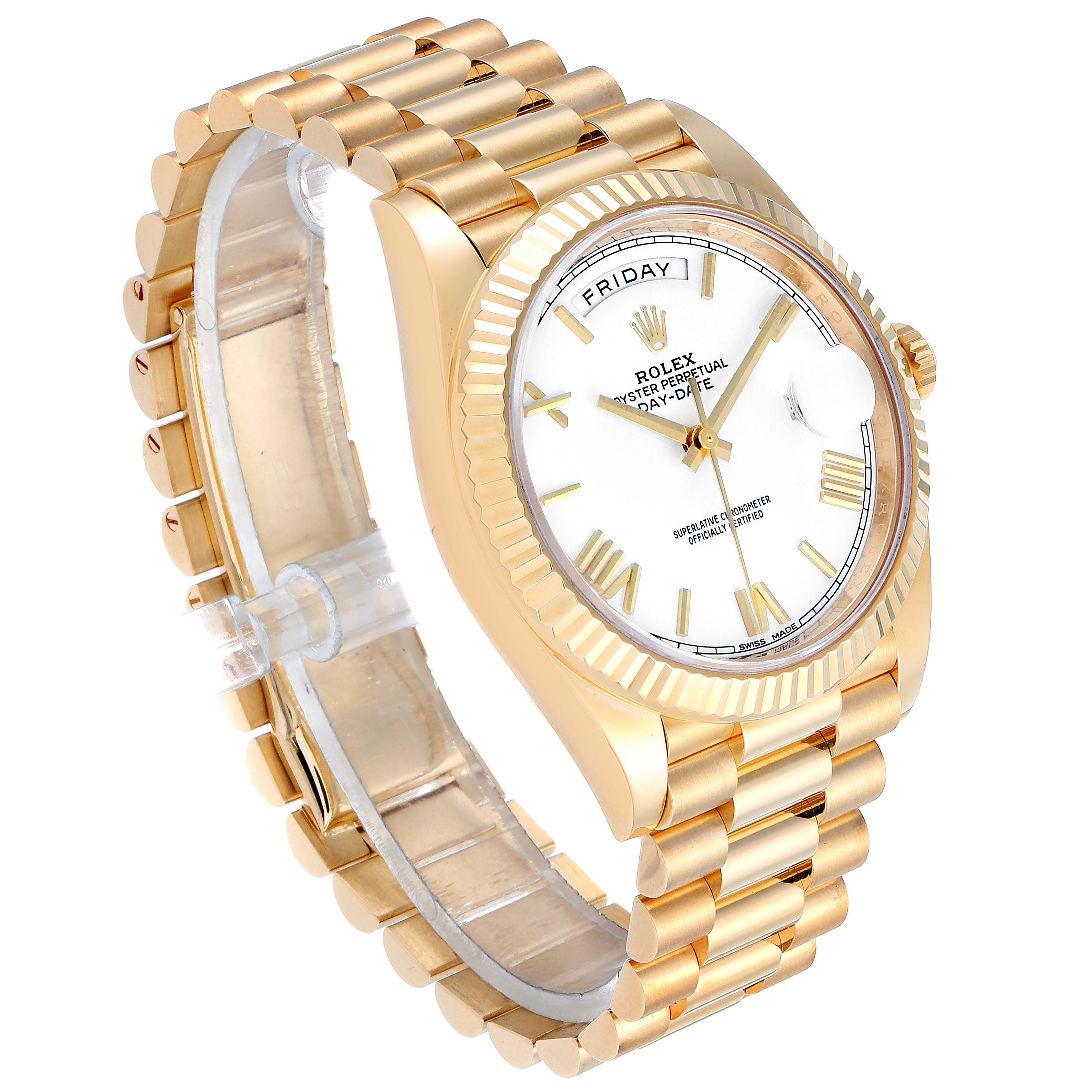 The image shows a Rolex President 228238 Men's Yellow Gold White Dial 228238 Men's Yellow Gold White Dial model watch at a slight angle, highlighting its gold bracelet, white dial, and fluted bezel.