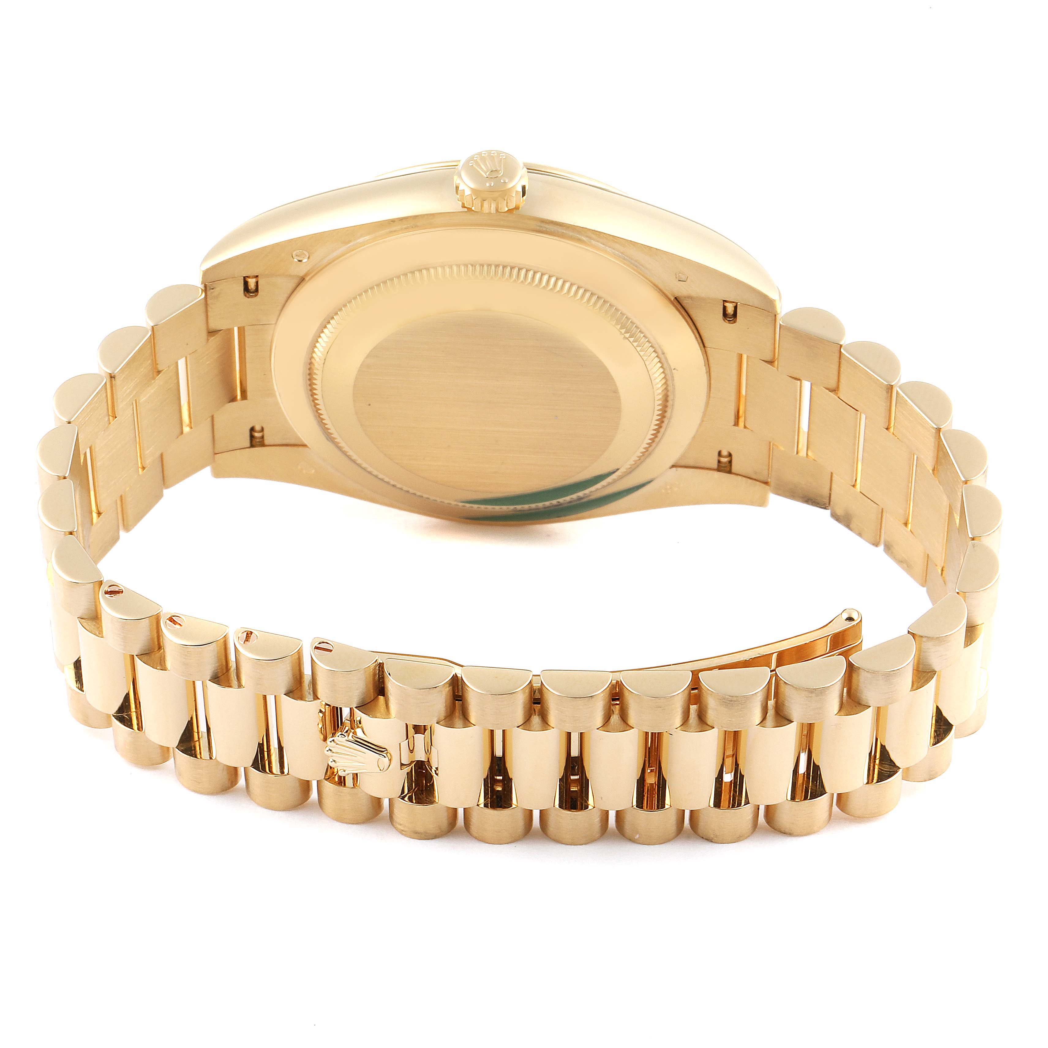 The image shows the back case and bracelet of a Rolex President 228238 Men's Yellow Gold White Dial 228238 Men's Yellow Gold White Dial model watch, viewed from the rear.