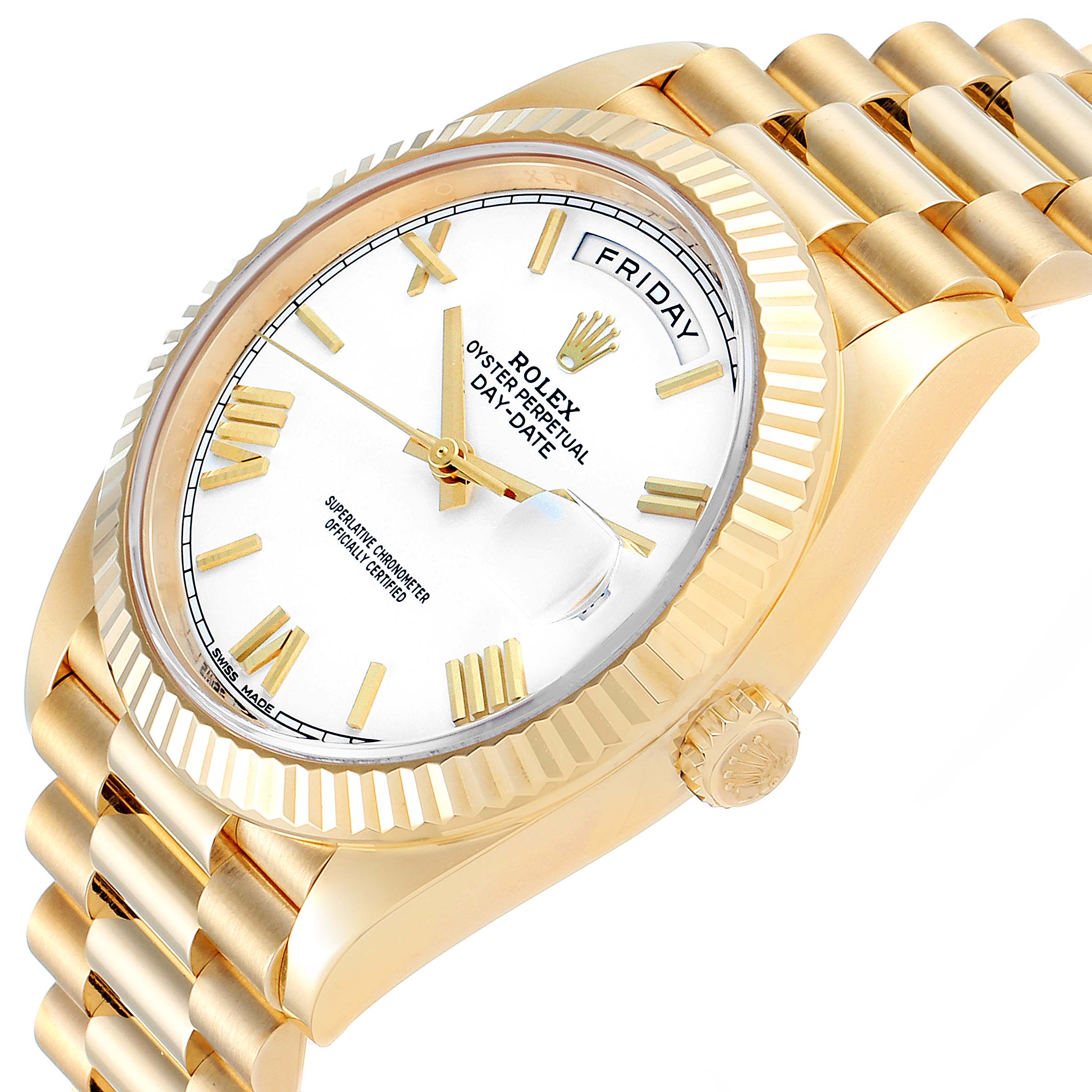This image shows a close-up of a Rolex President 228238 Men's Yellow Gold White Dial 228238 Men's Yellow Gold White Dial model watch at an angle showcasing the dial, bezel, crown, and part of the bracelet.