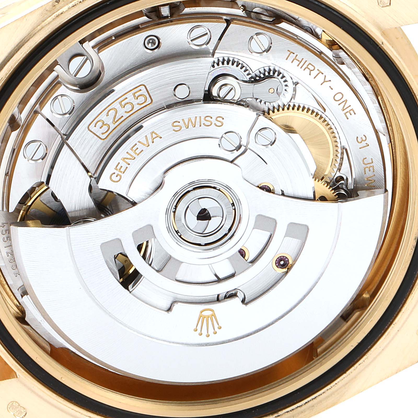 The image shows the internal movement mechanism of a Rolex President 228238 Men's Yellow Gold White Dial 228238 Men's Yellow Gold White Dial model watch, viewed from the back.