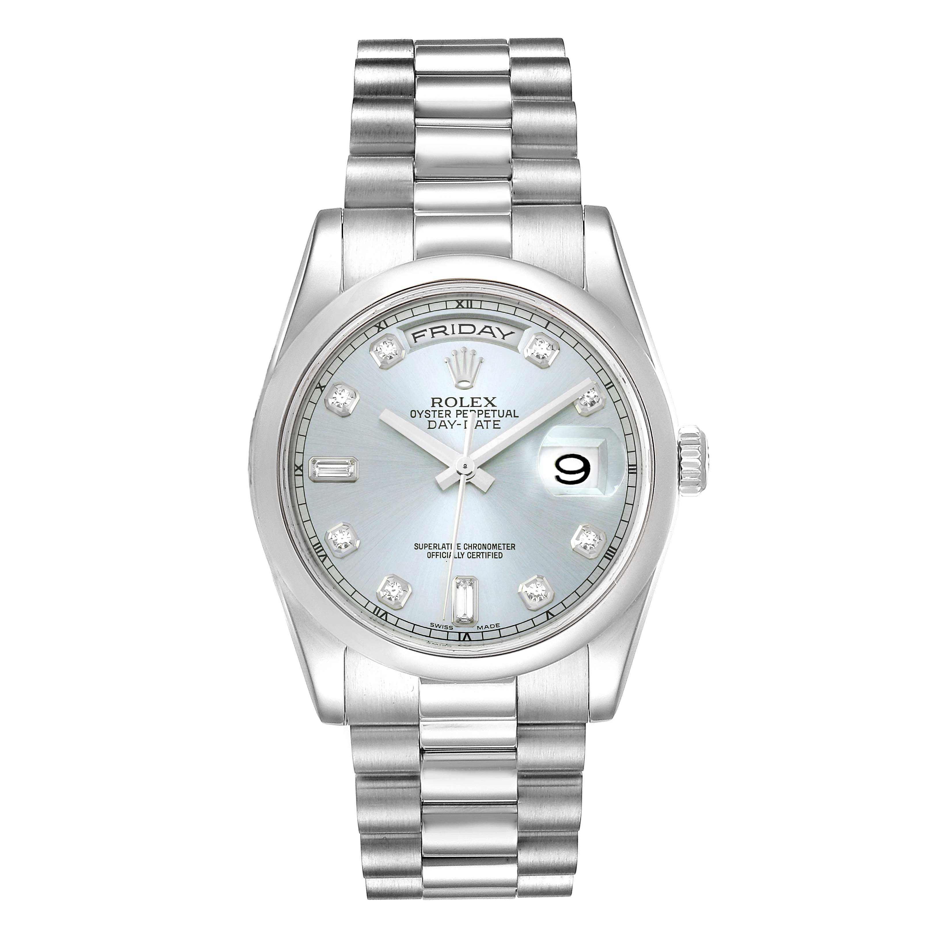 This image shows a Rolex President 118206 Men's Platinum Blue Dial 118206 Men's Platinum Blue Dial model watch from a front-facing angle, highlighting the face, dial, bracelet, and crown.