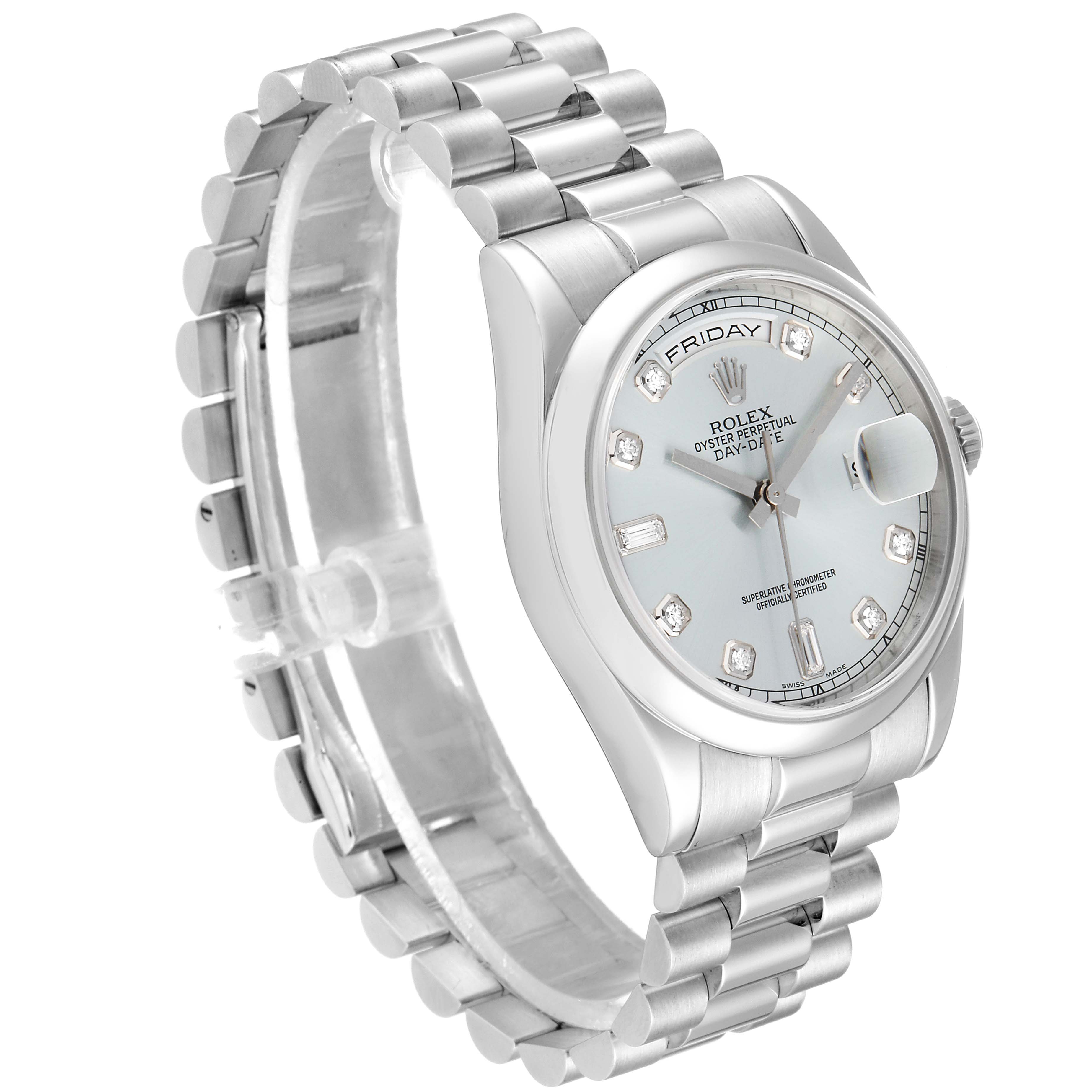 The Rolex President 118206 Men's Platinum Blue Dial 118206 Men's Platinum Blue Dial model watch is shown at a front-left angle, highlighting its dial, bezel, and bracelet.