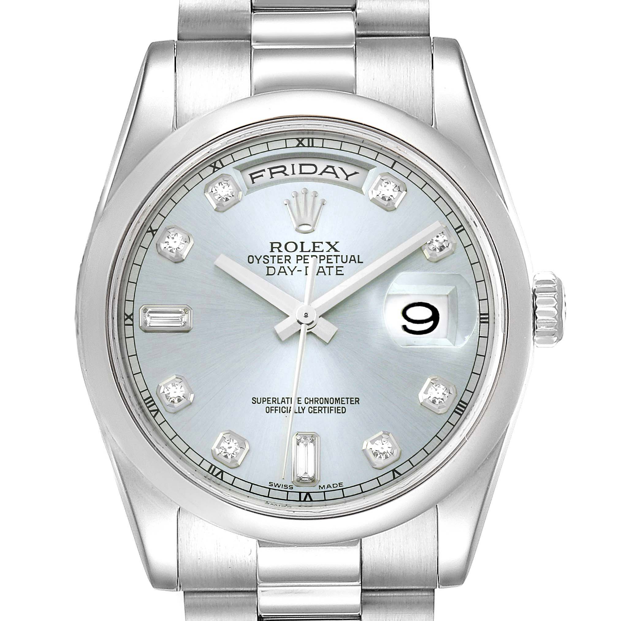 The image shows a frontal view of a Rolex President 118206 Men's Platinum Blue Dial 118206 Men's Platinum Blue Dial model, displaying the dial, hands, crown, and part of the bracelet.