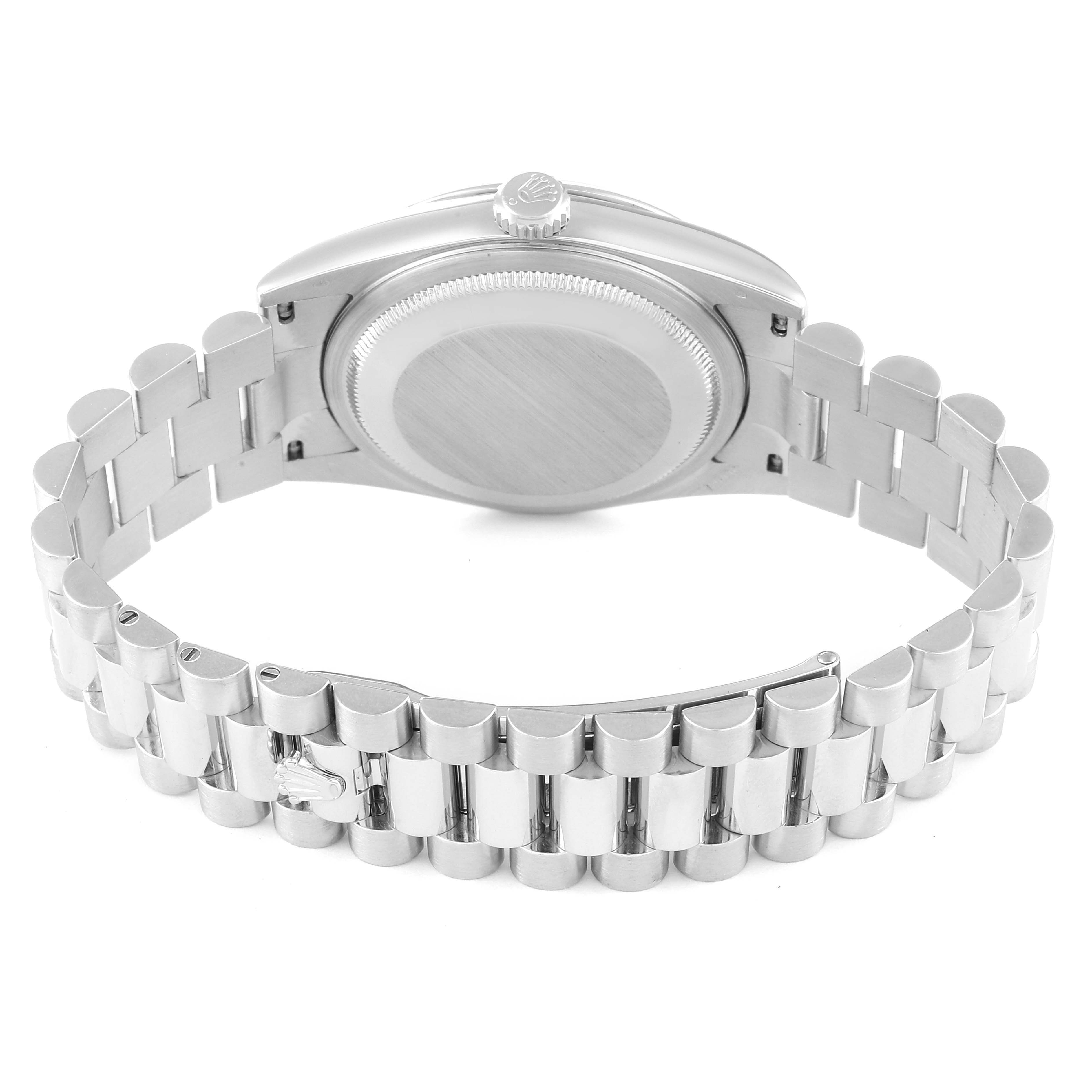 This image shows the back case and bracelet of a Rolex President 118206 Men's Platinum Blue Dial 118206 Men's Platinum Blue Dial model watch, viewed from a slight rear angle.