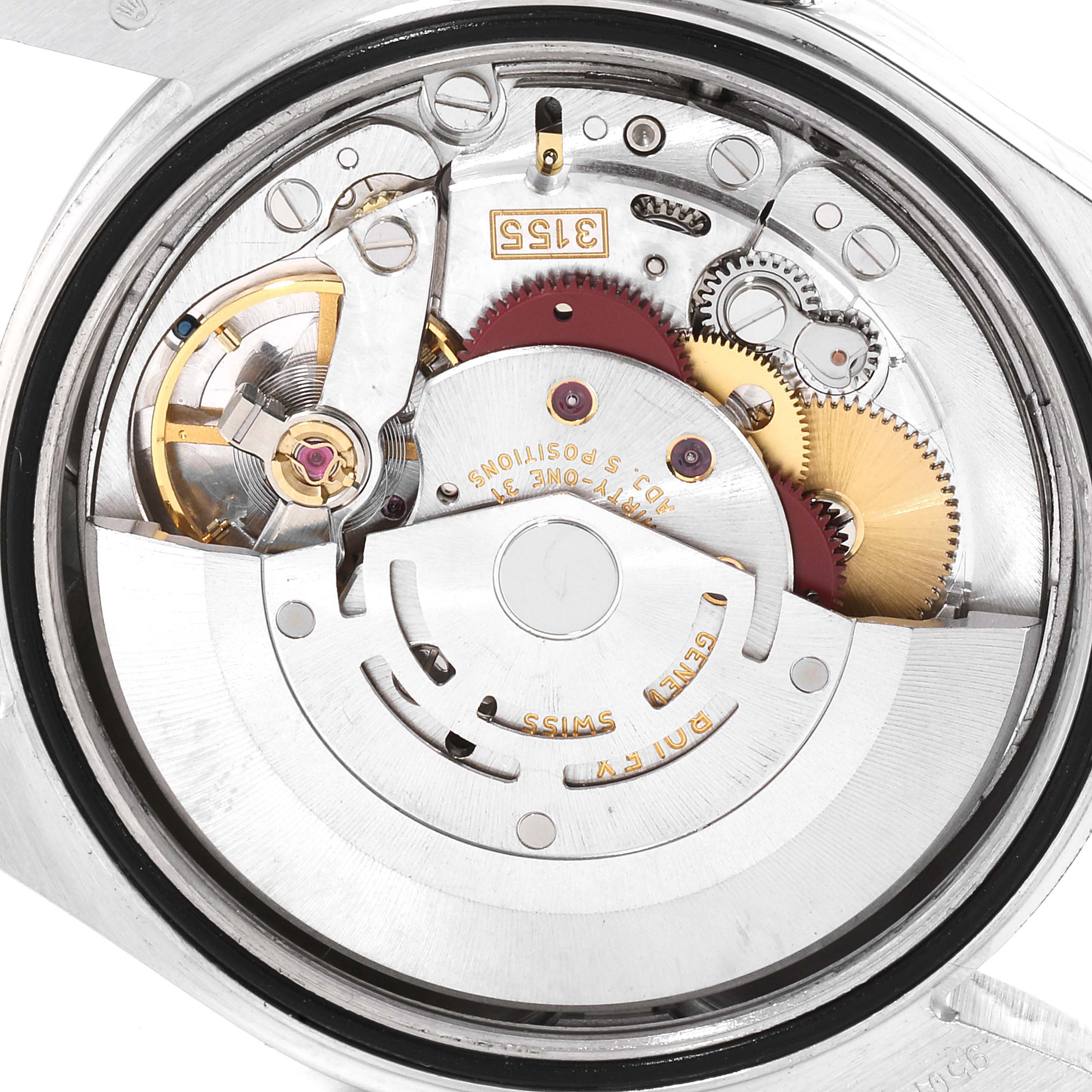 This image shows the inner mechanical components of a Rolex President 118206 Men's Platinum Blue Dial 118206 Men's Platinum Blue Dial model watch from a close-up, angled view.