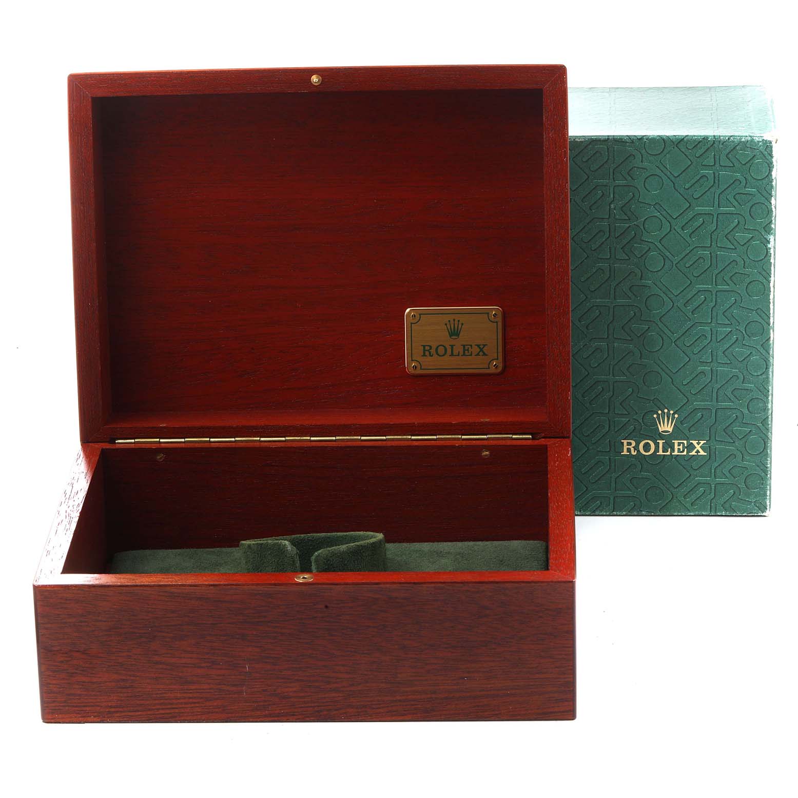 The image shows an open wooden Rolex box and a green outer box for a Rolex President 118206 Men's Platinum Blue Dial 118206 Men's Platinum Blue Dial model watch.