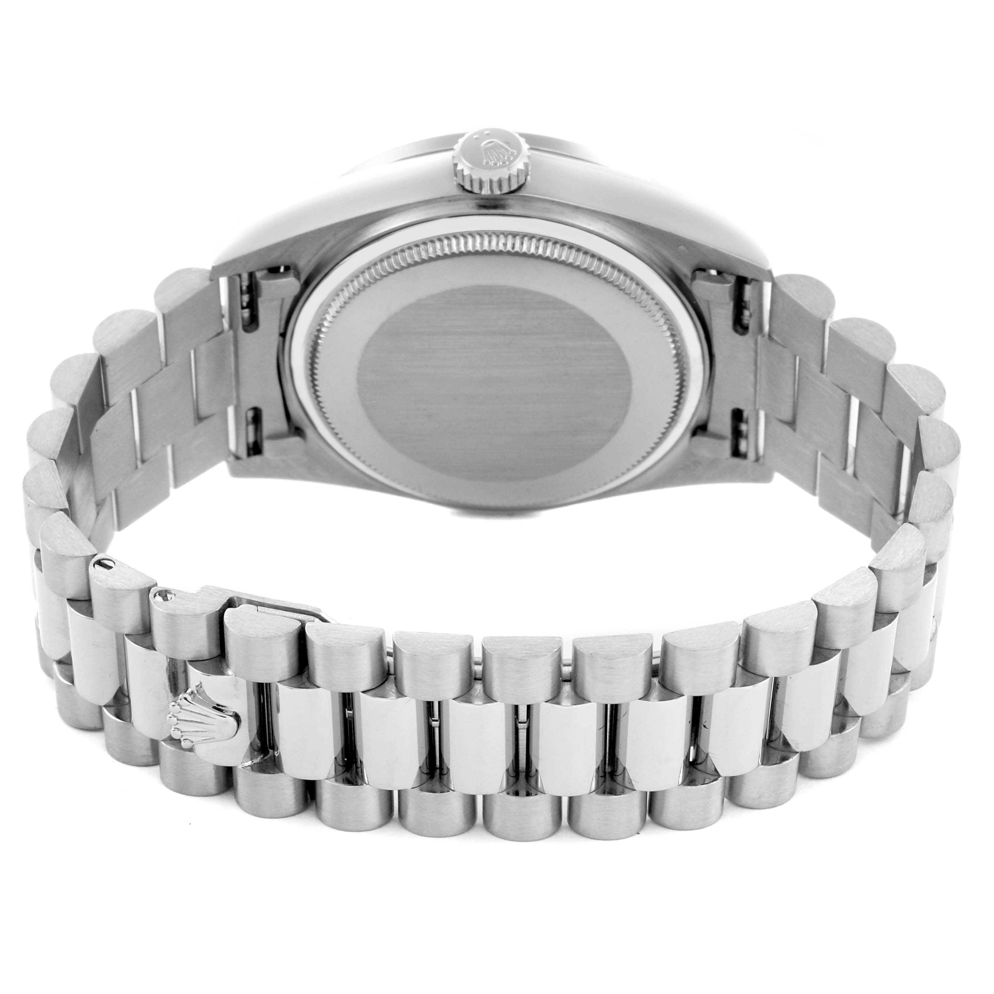 The image shows the back and bracelet of a Rolex President 18049 Men's White Gold Silver Dial 18049 Men's White Gold Silver Dial model watch with a visible crown emblem.