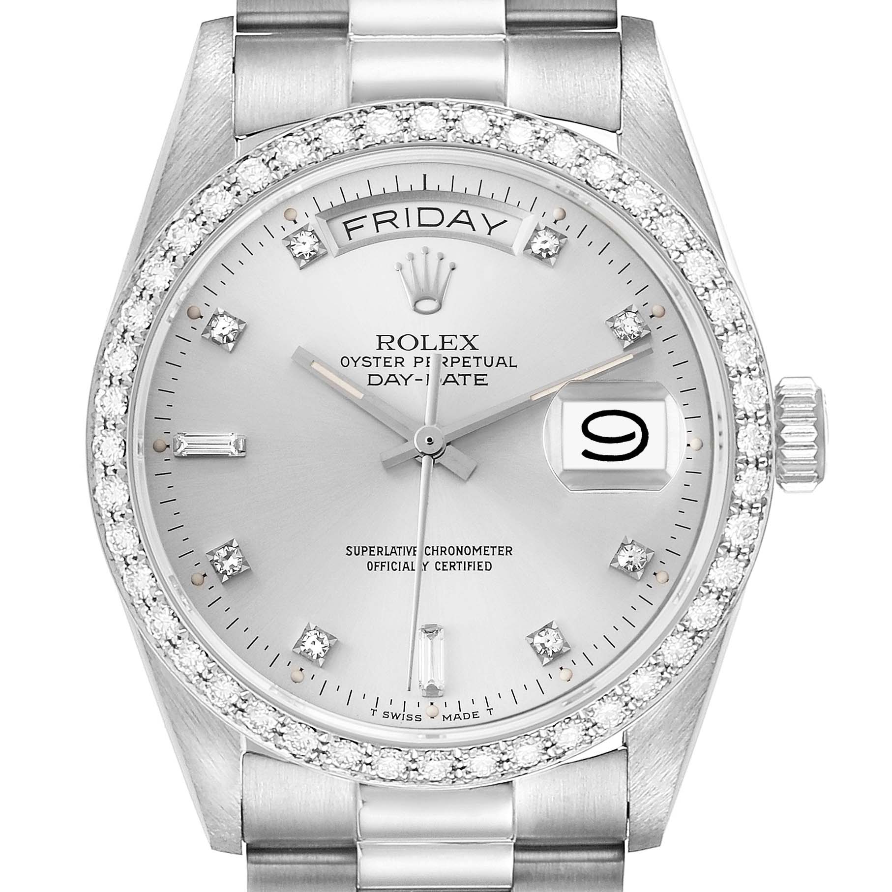 The Rolex President 18049 Men's White Gold Silver Dial 18049 Men's White Gold Silver Dial model is shown from a front angle highlighting the dial, day-date feature, and diamond bezel.