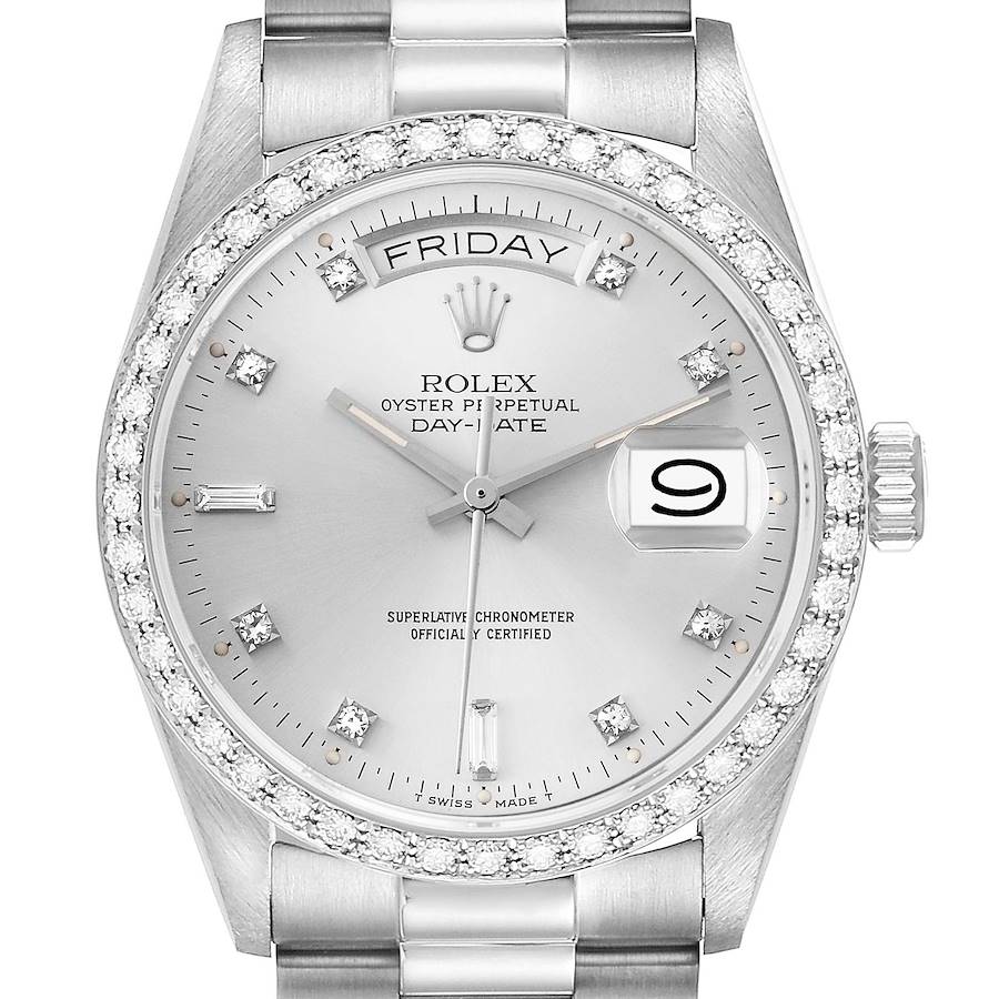 The Rolex President model is shown from a front angle highlighting the dial, day-date feature, and diamond bezel.