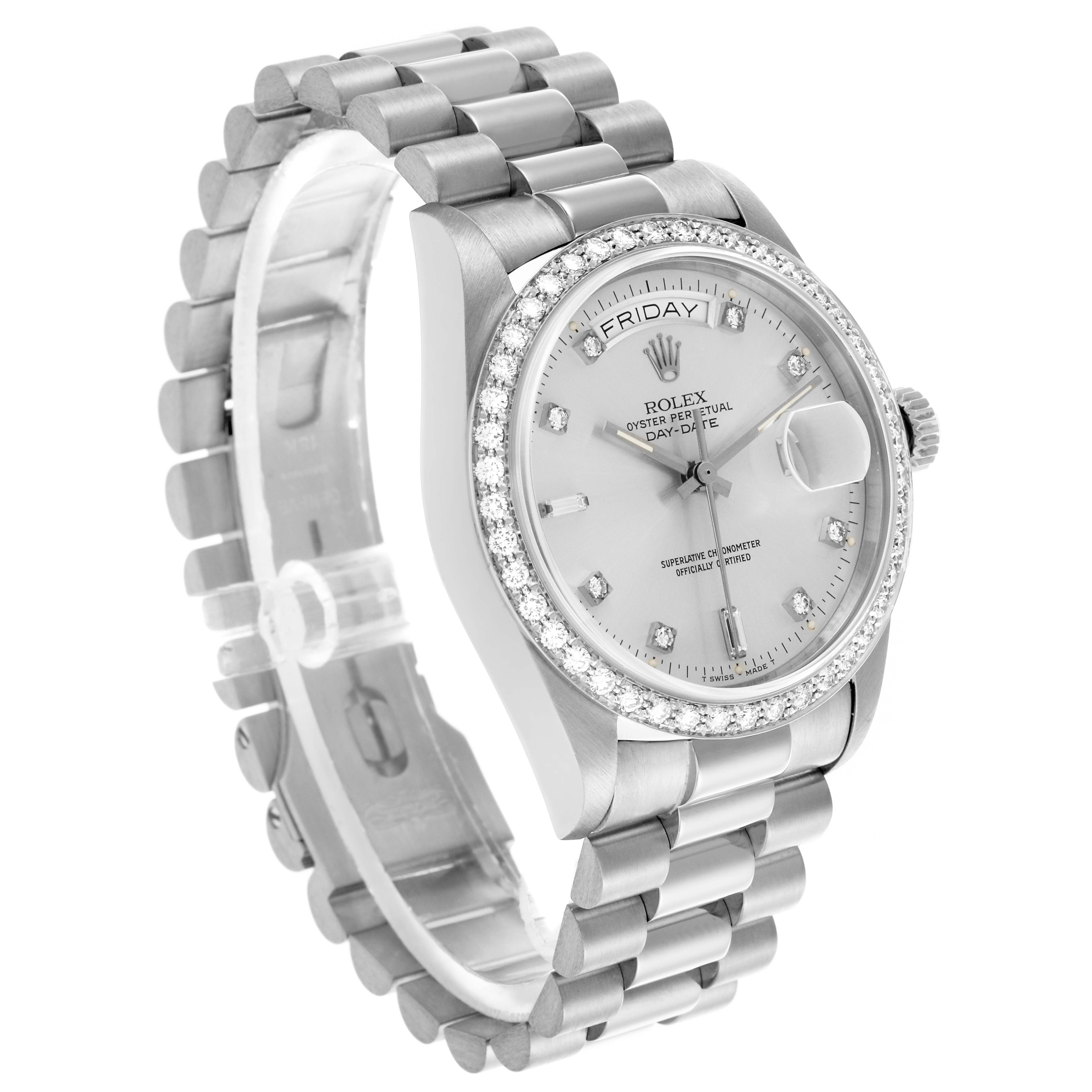 The Rolex President 18049 Men's White Gold Silver Dial 18049 Men's White Gold Silver Dial model is shown at an angle highlighting the dial, bezel, and part of the bracelet.