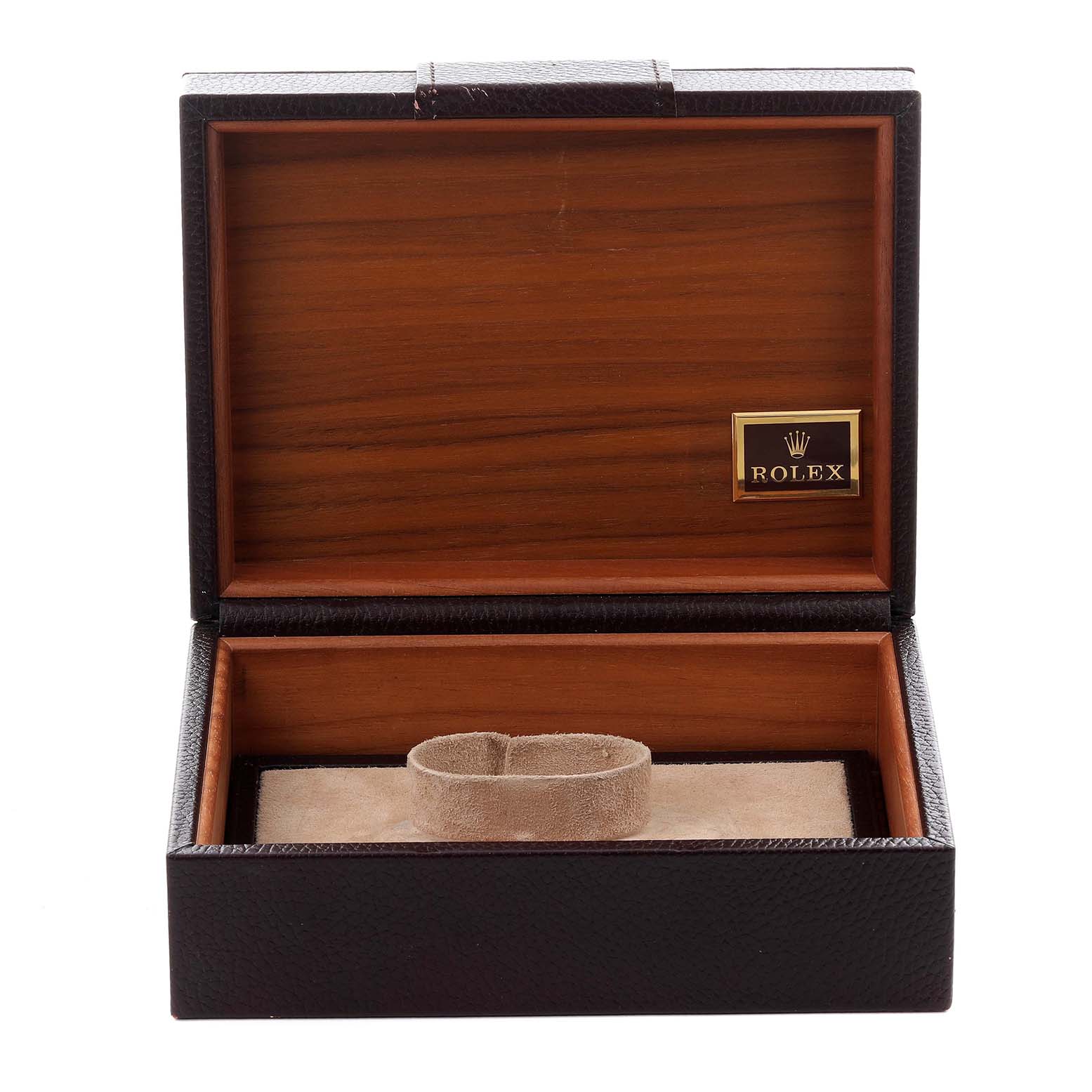 The image shows an open watch box for the Rolex President 18049 Men's White Gold Silver Dial 18049 Men's White Gold Silver Dial model, displaying a wooden interior and a cushion for the watch.