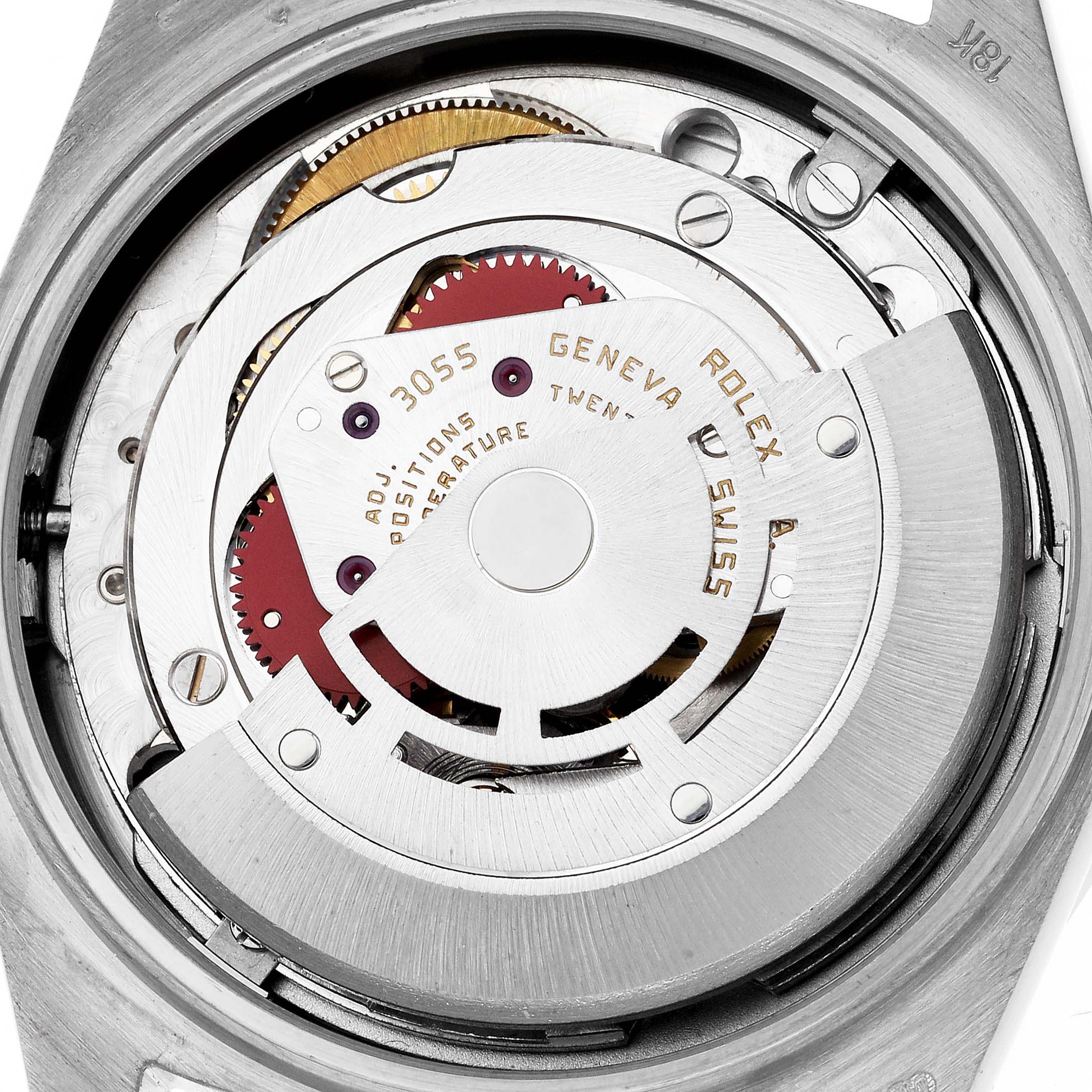 The image shows the movement of a Rolex President 18049 Men's White Gold Silver Dial 18049 Men's White Gold Silver Dial watch model from the back, highlighting the rotor and gears.