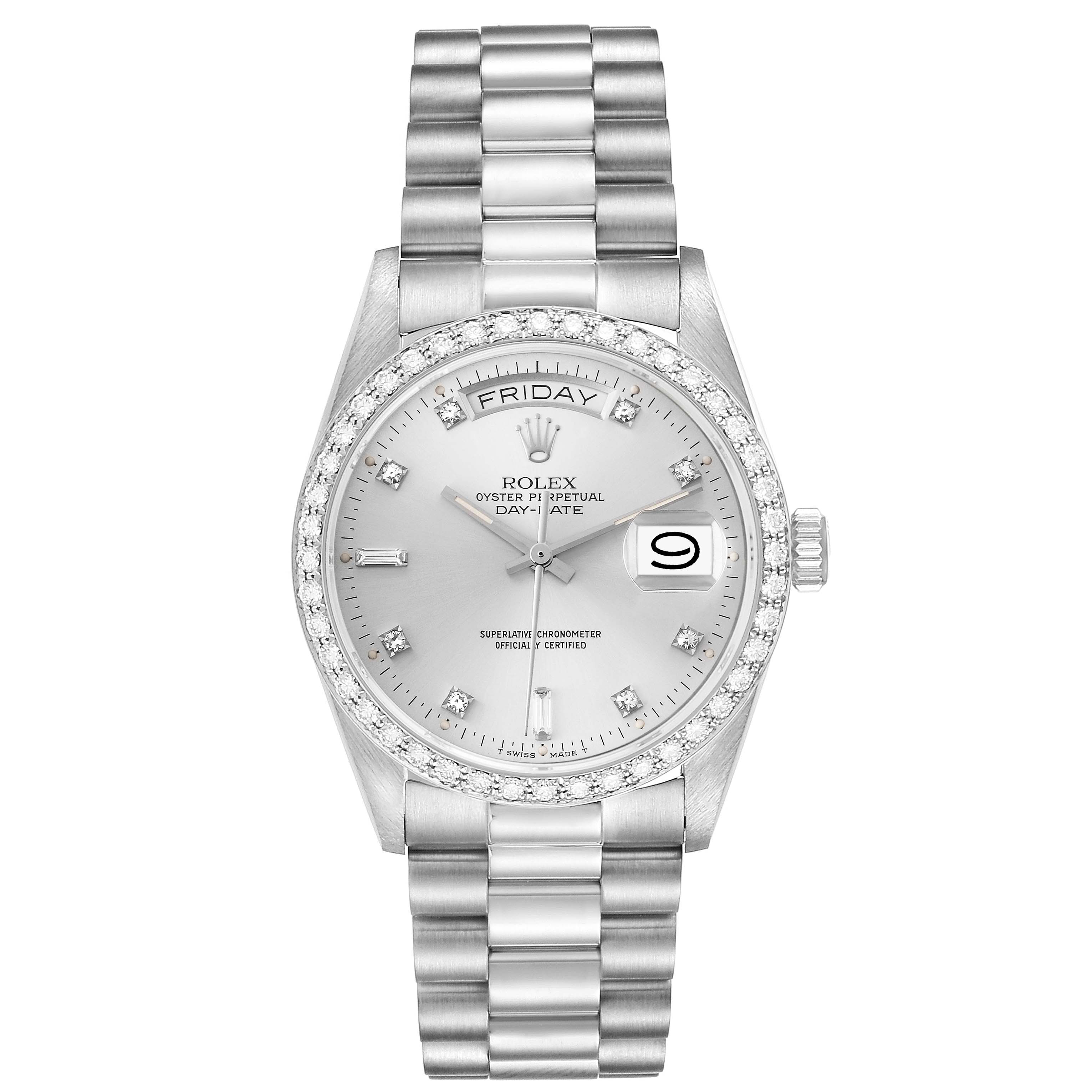 The image shows a frontal view of the Rolex President 18049 Men's White Gold Silver Dial 18049 Men's White Gold Silver Dial model, displaying its dial, bracelet, and bezel features.