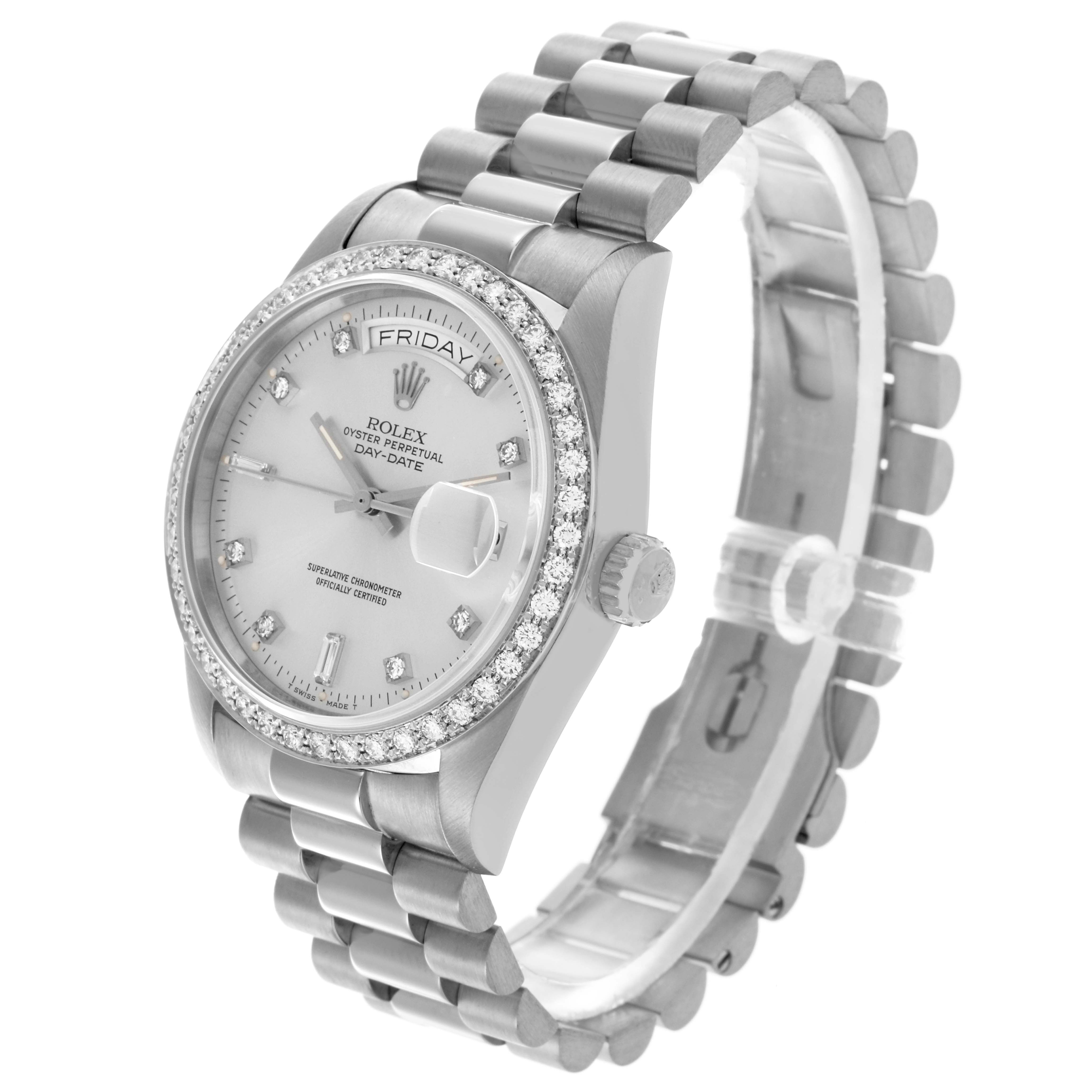 The Rolex President 18049 Men's White Gold Silver Dial 18049 Men's White Gold Silver Dial model is shown at a three-quarter angle, displaying its face, bezel, bracelet, and crown.