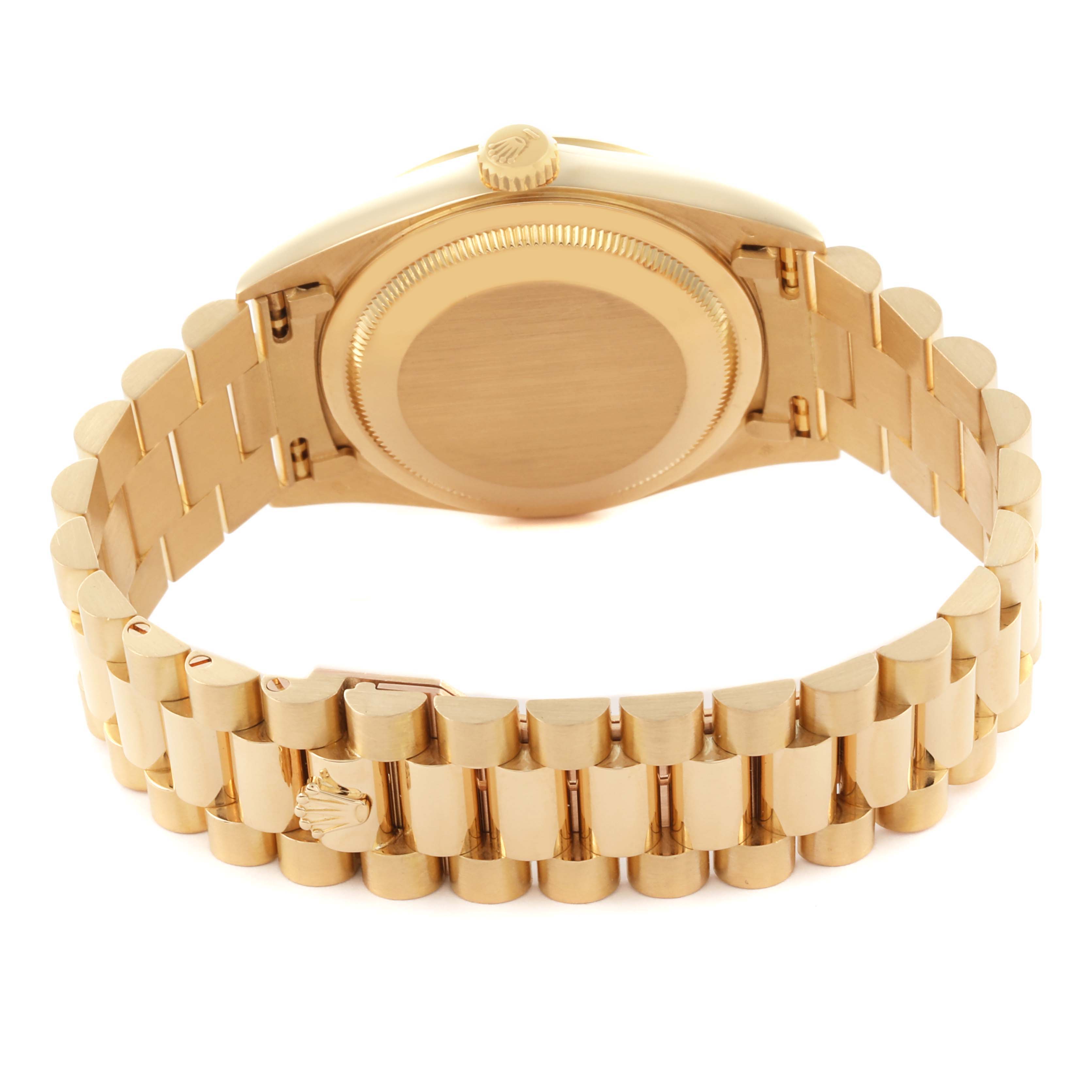 The image shows the back view of the Rolex President 18238 Men's Yellow Gold Champagne Dial 18238 Men's Yellow Gold Champagne Dial model watch, highlighting the case back, crown, and bracelet.